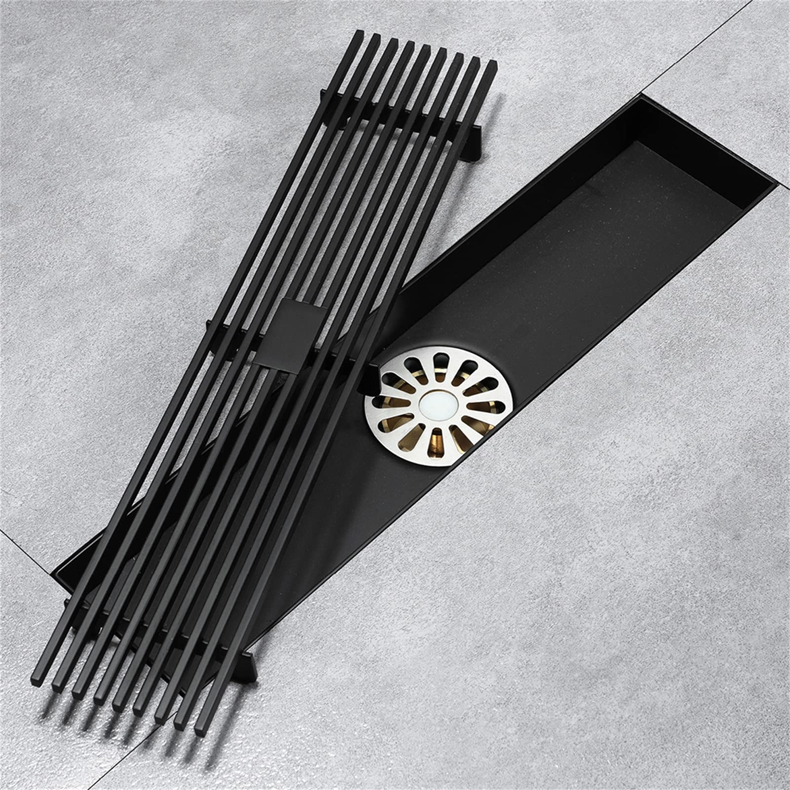 Scarico doccia lineare 30 cm, Scarico doccia con griglia rimovibile, Filtro per capelli, Scarico doccia rettangolare in acciaio inossidabile, Scarico a pavimento per bagno,Nero