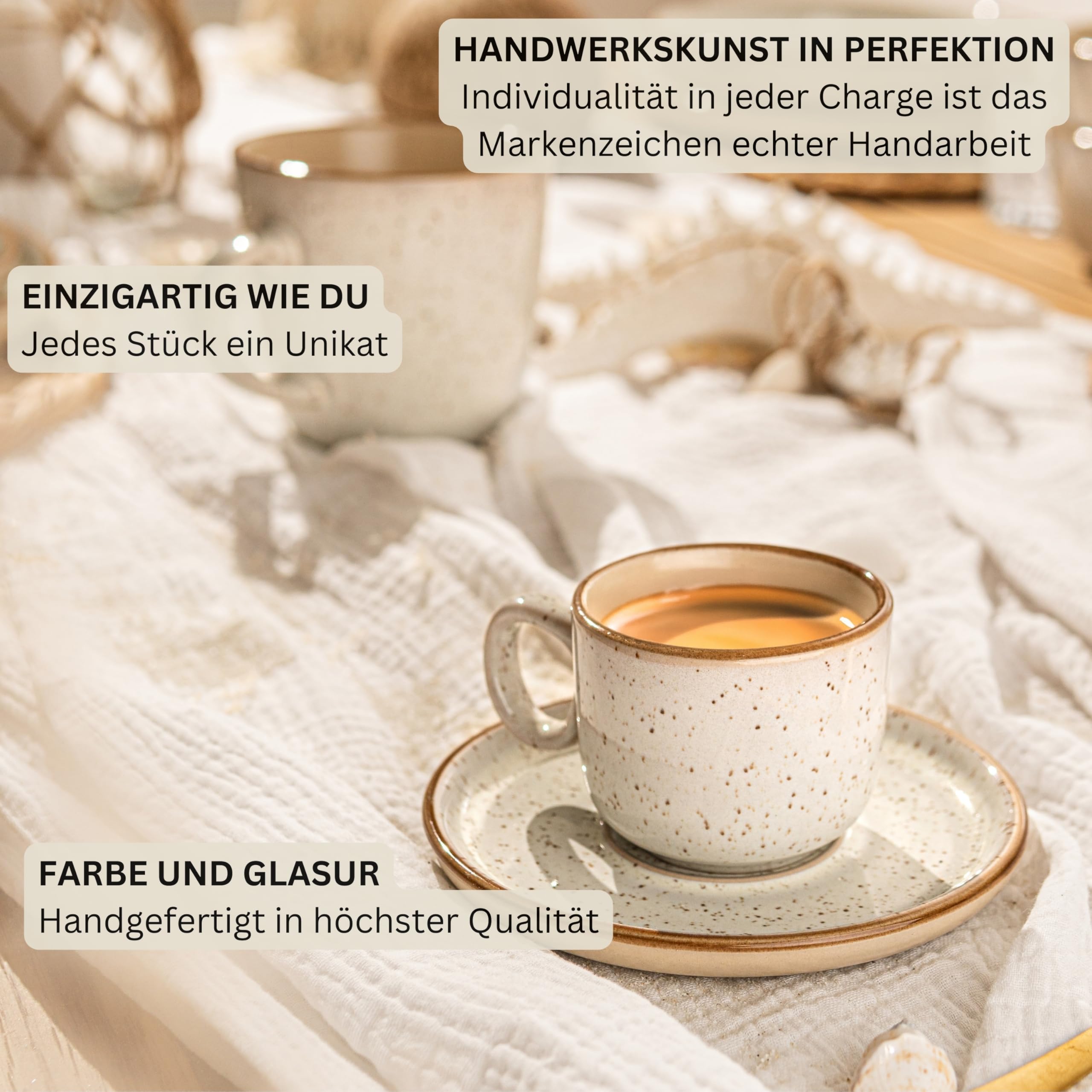Sänger Rio Creme | Set di 8 tazze da caffè per 4 persone, tazze da caffè e moca, antigraffio, lavabili in lavastoviglie, adatte al microonde, 4 tazze e 4 piattini color crema da 80 ml | Value