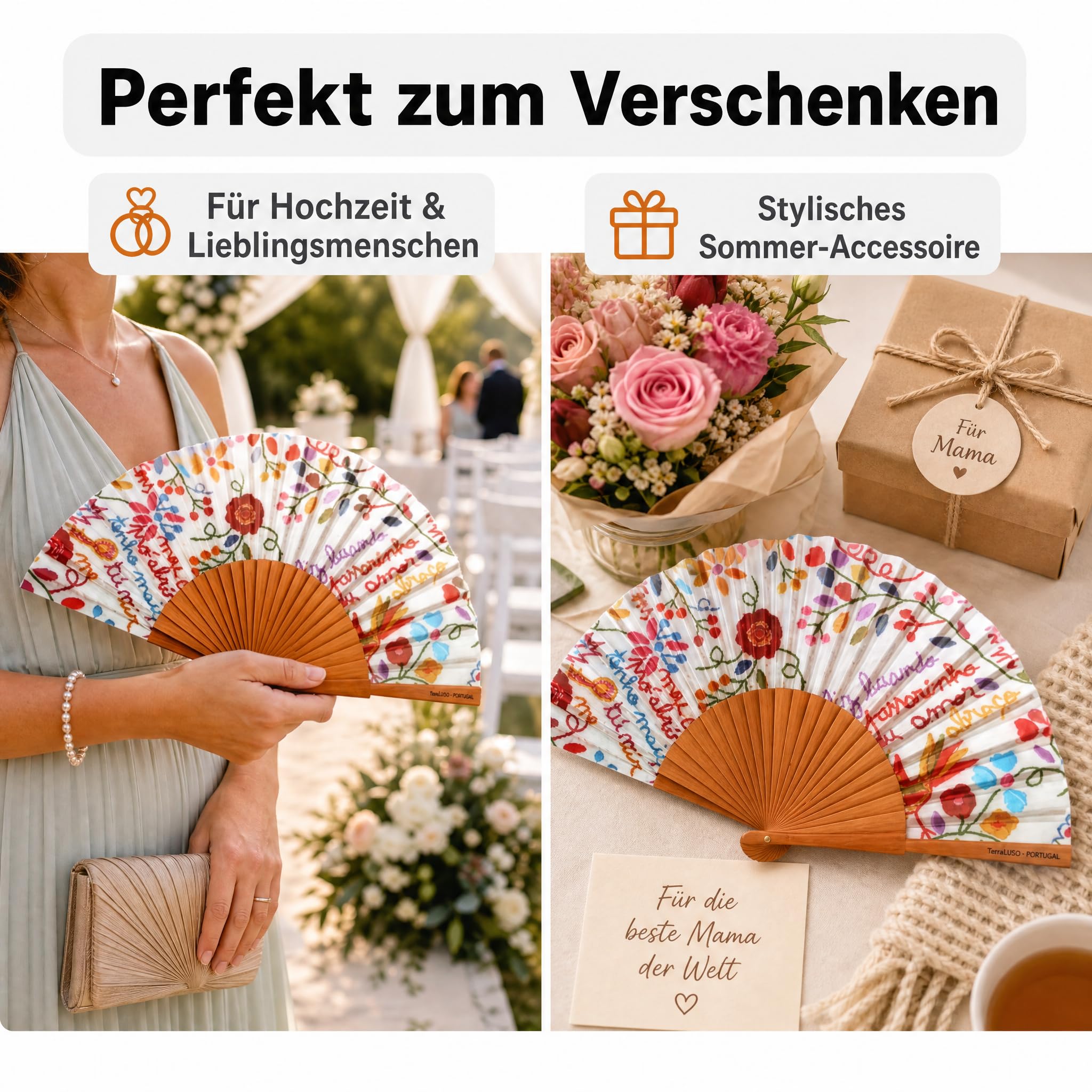 LK Trend & Style Handfächer ANNA aus poliertem Birnbaumholz, faltbarer Klappfächer für unterwegs, leises Wedeln, ca. 43 x 23 cm, 24 Streben, ca. 66 g, bunte Motivdrucke für Hochzeit, Büro, Festival