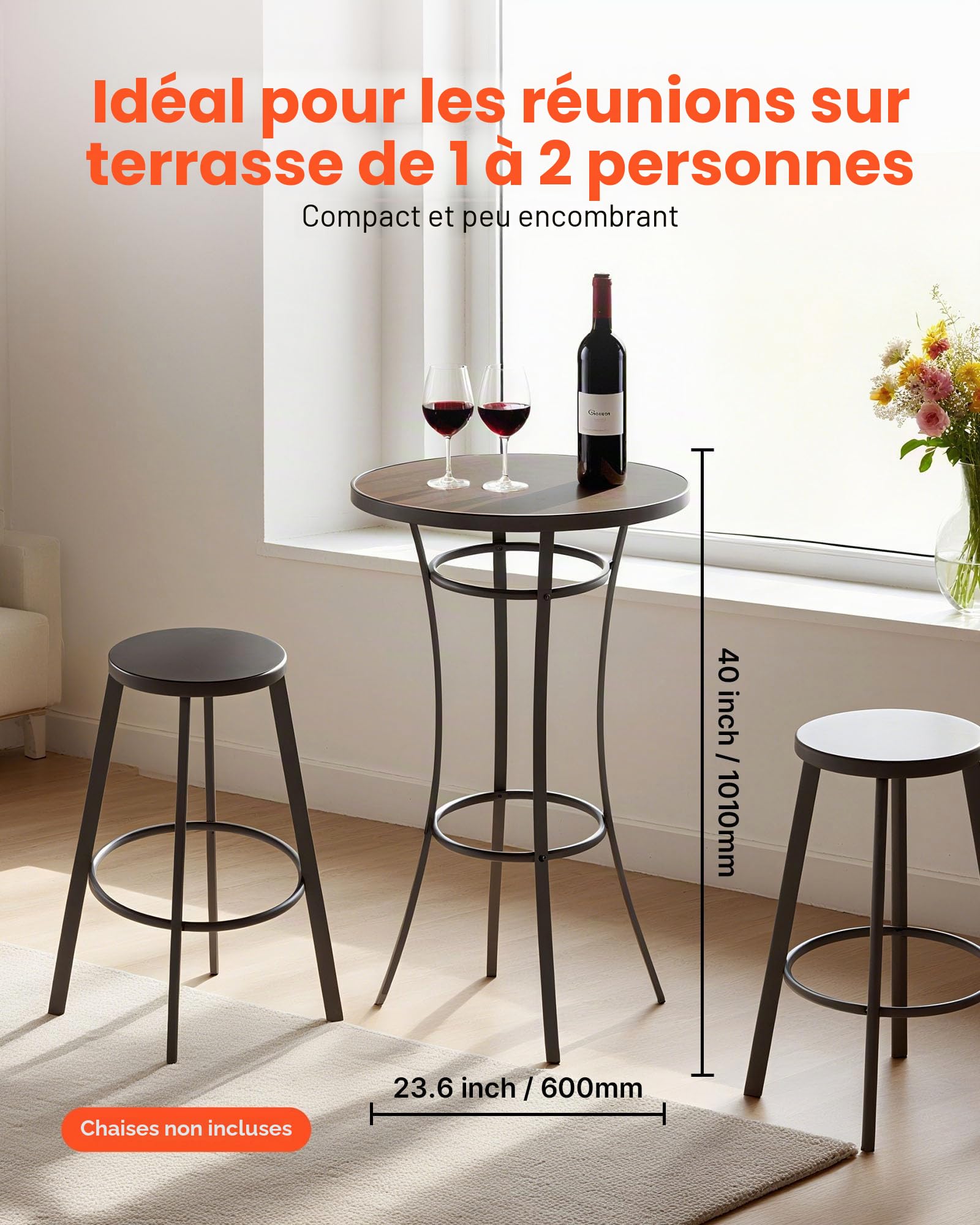 VEVOR Table de Bar Ronde, 60x101 cm, Table de Bistrot Haute Extérieur, avec Plateau, Structure Métal Robuste, Mobilier de Jardin pour Patio, Terrasse, Petits Espaces Intérieur, Cuisine, Salle à Manger