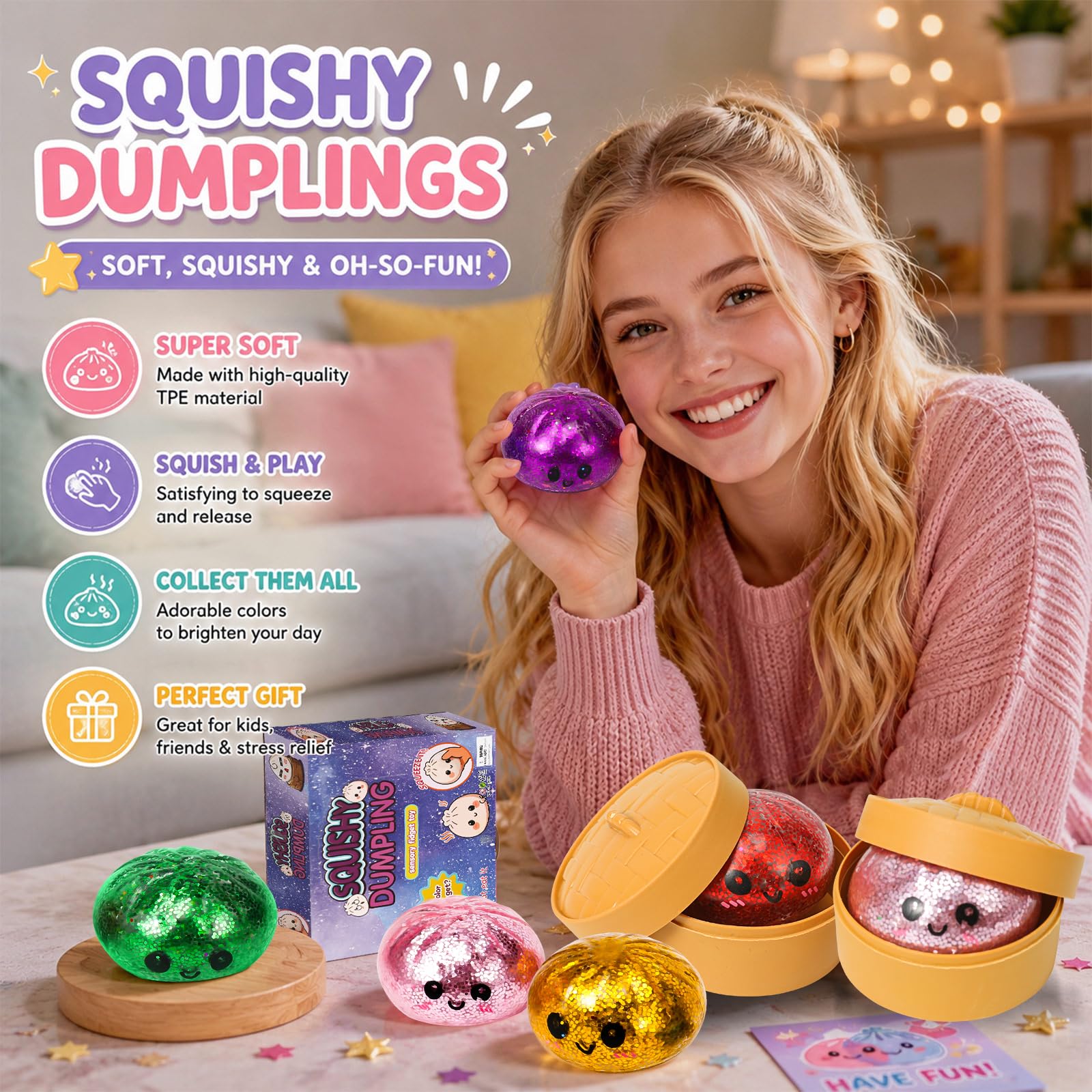 12 pezzi Mystery Dumplings Squishy Buns con scatola per cottura a vapore, giganti gnocchi glitterati, set da gioco sensoriale, per alleviare lo stress e la coordinazione, per bambini e adulti (B)