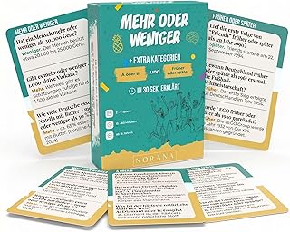 NORANA Mehr oder Weniger Quizspiel für Erwachsene & Teens | 324 Fragen in 3 Kat. | Gesellschaftsspiel für 2-8 Spieler | Spiel für Familienfeiern & Reisespiel | Geschenk zum Vatertag