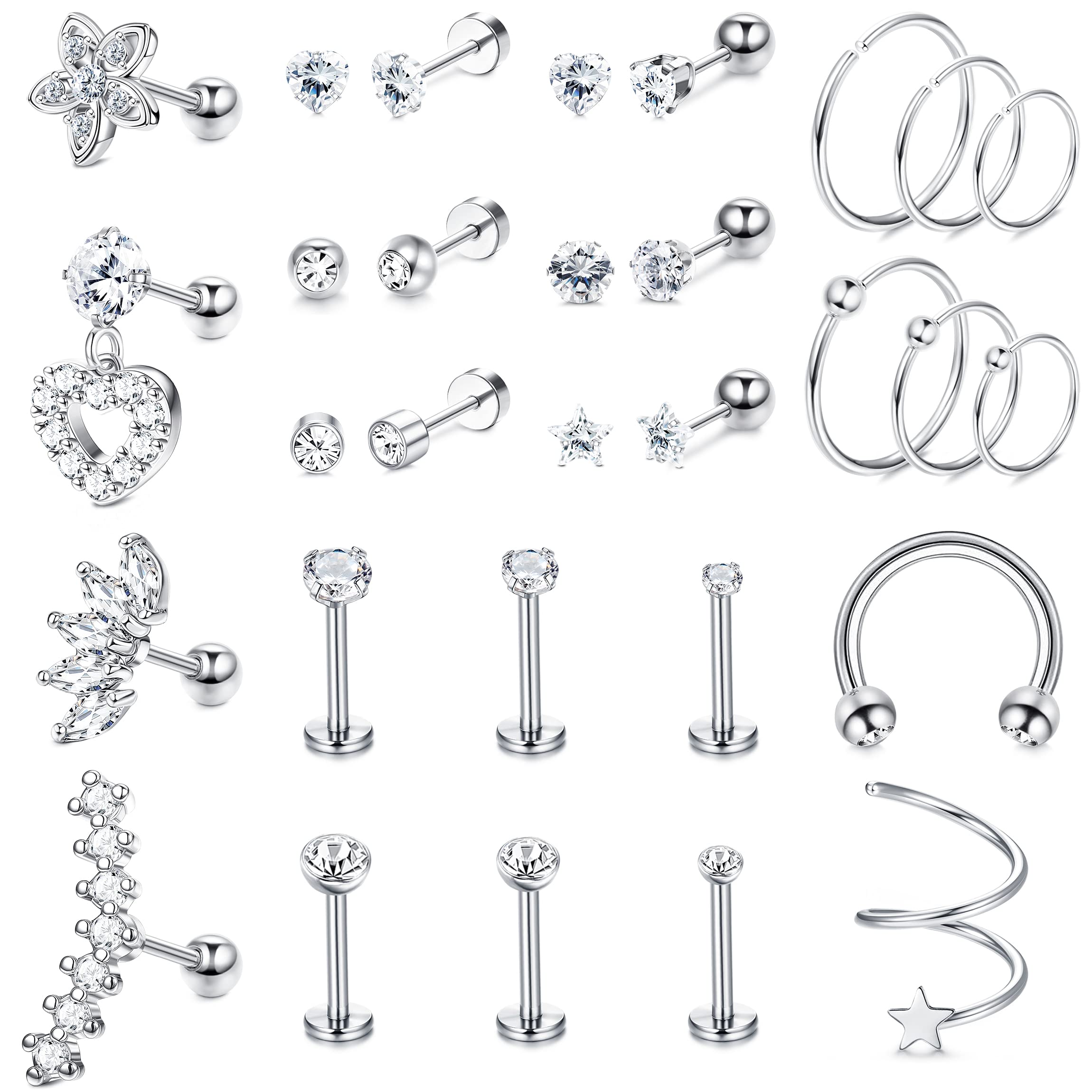 MILACOLATO 30pcs Piercing Oreja de Acero Inoxidable, Cartílago Tragus Conch Helix Piercing Pendientes para Mujer Niñas, CZ Barbell Lip Clicker Piercing Anillos Studs Piercing Oreja Set Plata