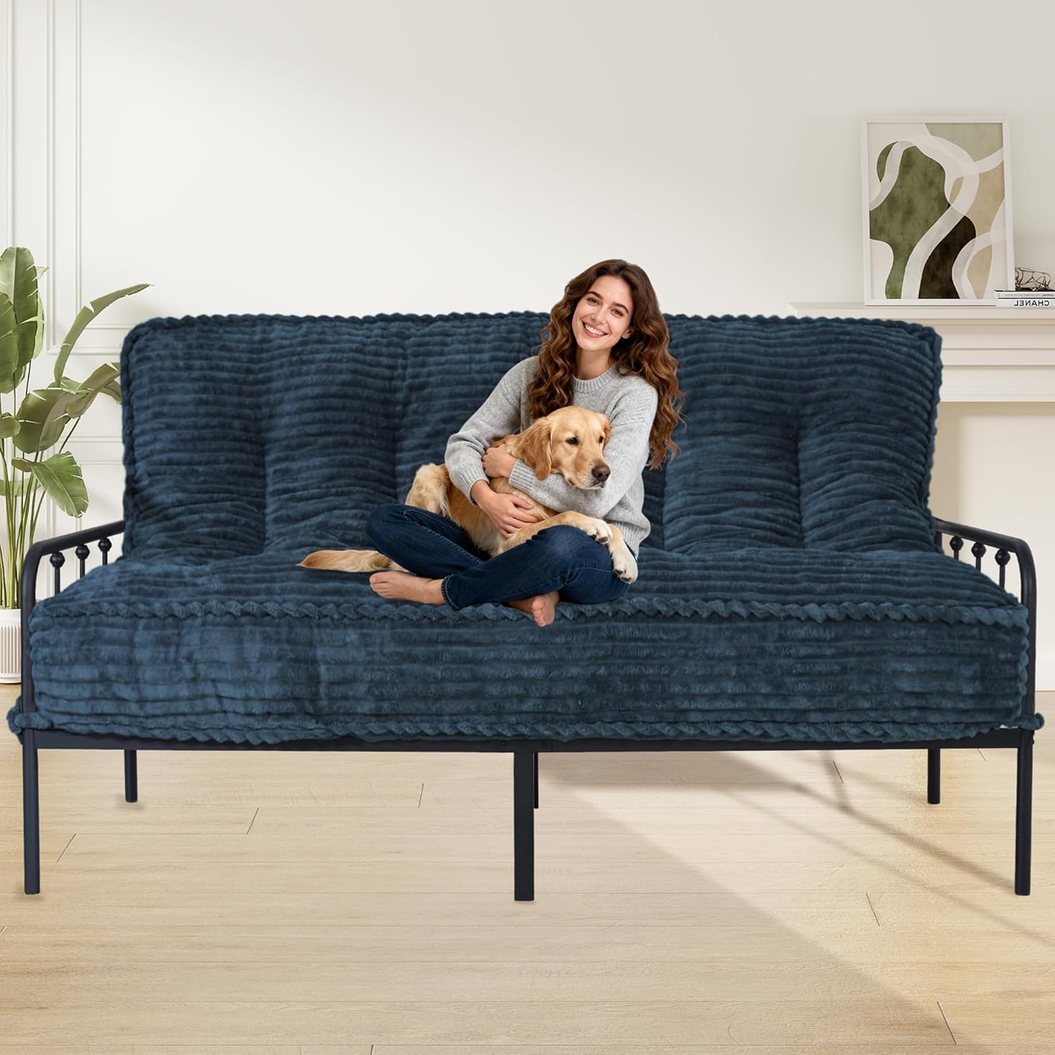 8” Futon Mattress Full Size 54” x 80”, Futon Sofa Couch Bed with Twisted Rope Design Edging, Extra Thick Corded Floor Futon Mattress Sleeping Mat for Adults, Camping, Dorm, Blue(Frame Not Included)