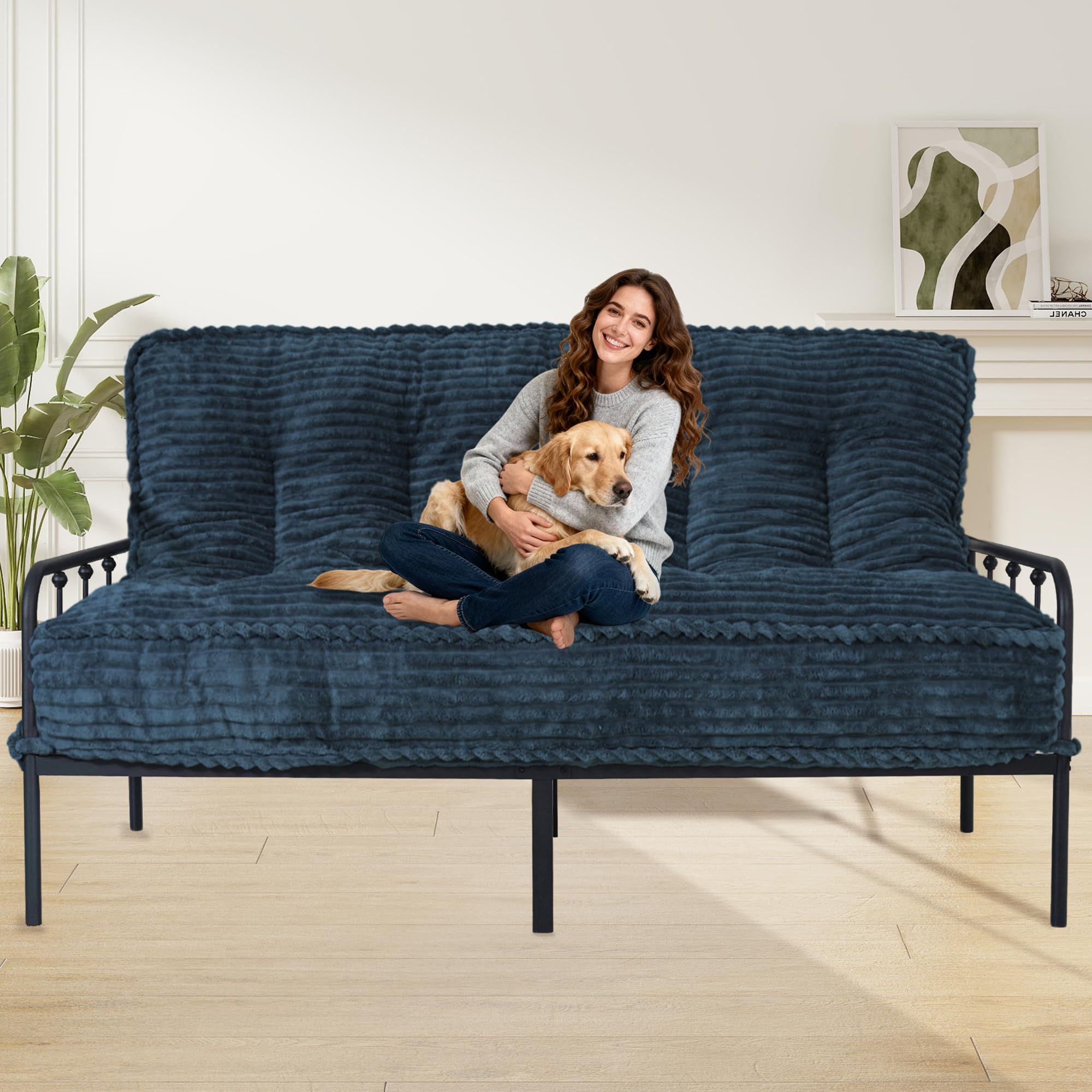 8” Futon Mattress Full Size 54” x 80”, Futon Sofa Couch Bed with Twisted Rope Design Edging, Extra Thick Corded Floor Futon Mattress Sleeping Mat for Adults, Camping, Dorm, Blue(Frame Not Included)