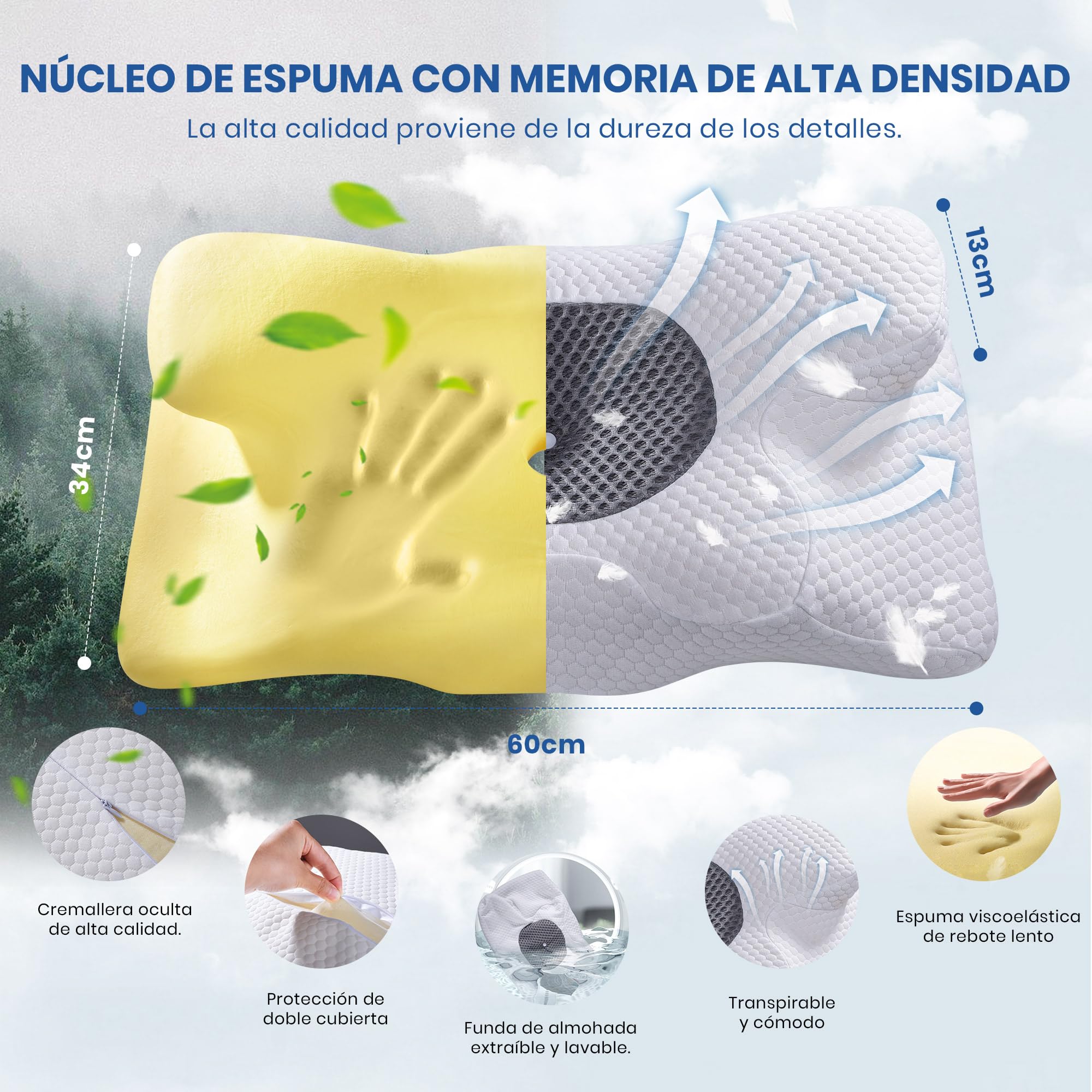 Almohada Cervical, 2 en 1 Almohada Cervical de Espuma Viscoelastica Memoria | Almohada Ortopédica Ergonómica de Soporte para el Cuello, Almohada Cervical Relajación y Alivio del Estrés, 60 x 34 x 10/13cm