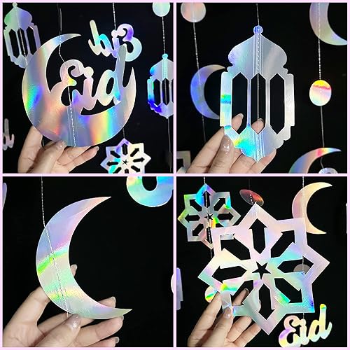 Miniatura 6 de Decoración iridiscente de Ramadán Eid Mubarak, estrella, luna, círculo, luna, farol árabe, guirnalda colgante, telón de fondo para Islam, musulmán,