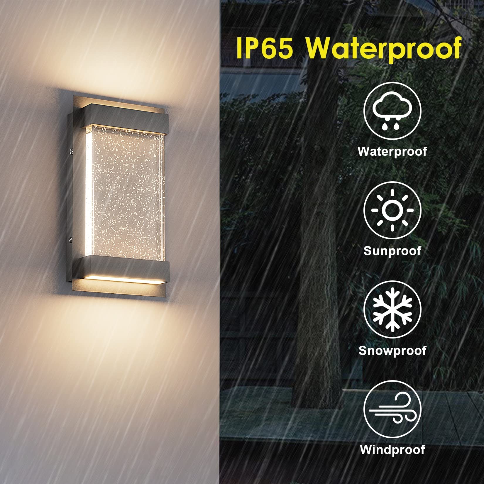 Aoceley Led Modern Wall Sconce with Seeded Glass 3000K Outdoor LED Porch Light Indoor Outdoor Sconce Wall Lighting Black Wall Mount Light Fixture - Black