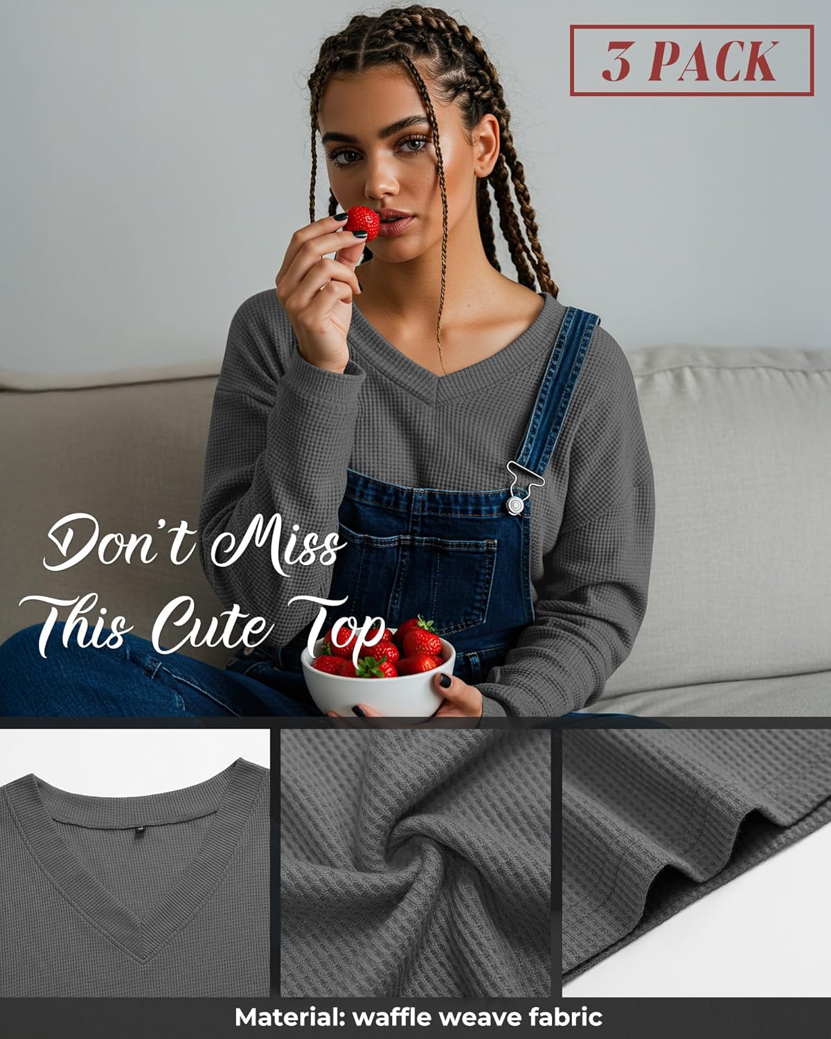 3 Pack Women's Oversized Off The Shoulder Tops Waffle Knit V Neck Casual Shirts Loose Fit Long Sleeve Tees - Image 4