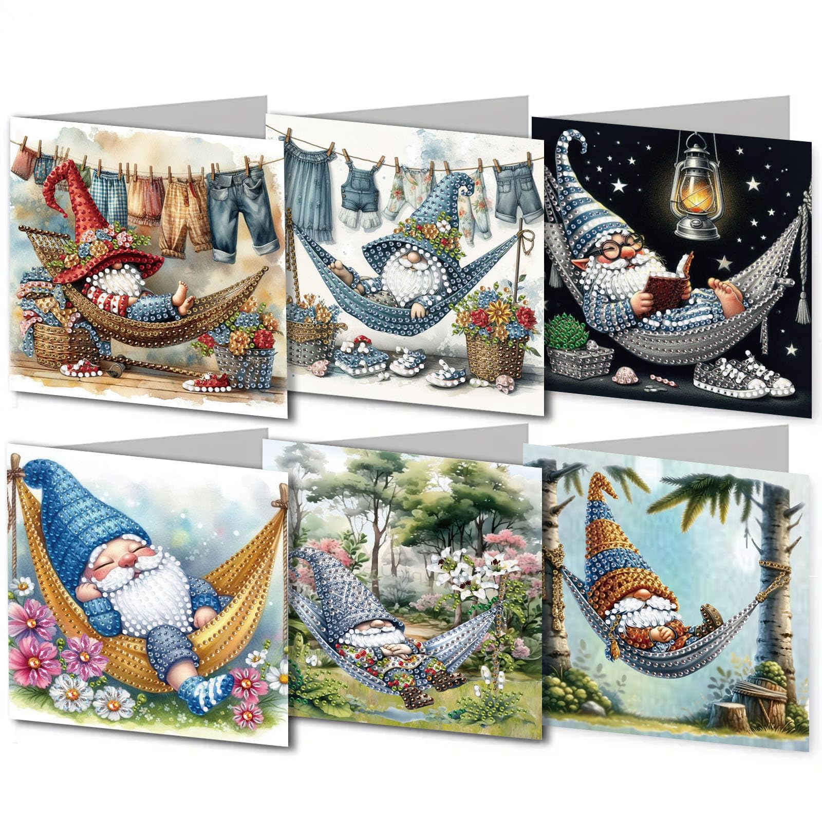 6pcs Diamond Painting Birthday Cards, Special Shape Art Craft Creative Gifts, Perfect for Christmas New Year Birthday Thanksgiving Festival(Cowboy Gnome on Swing)