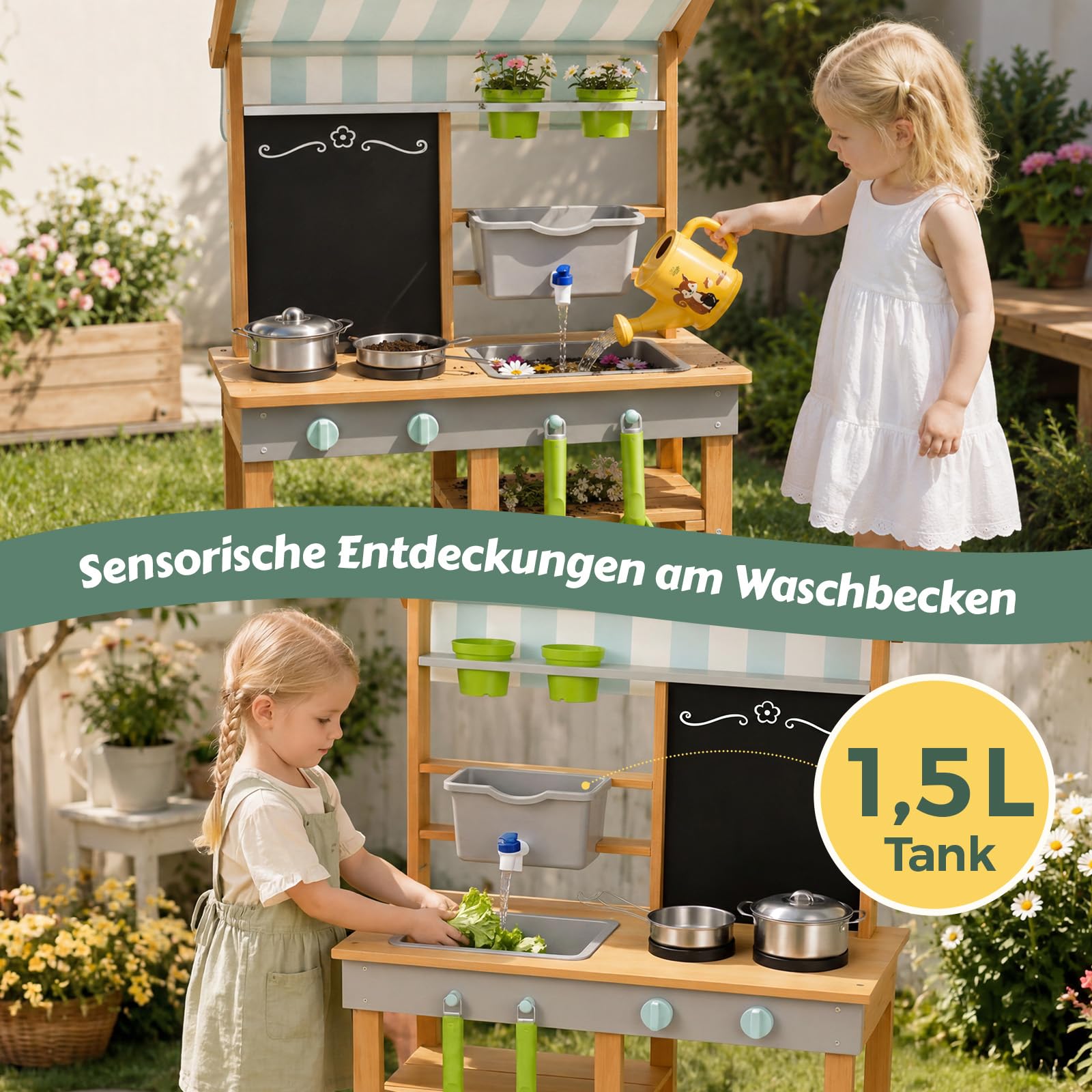 Matschküche Kinder Outdoor Holz mit Wasserdichtem Dach & Rädern, Kinderküche mit Wassertank Wasserhahn Kreidetafel & Spielküche Zubehör Set, Matschtisch Mud Kitchen Gartenspielzeug für Jungen Mädchen