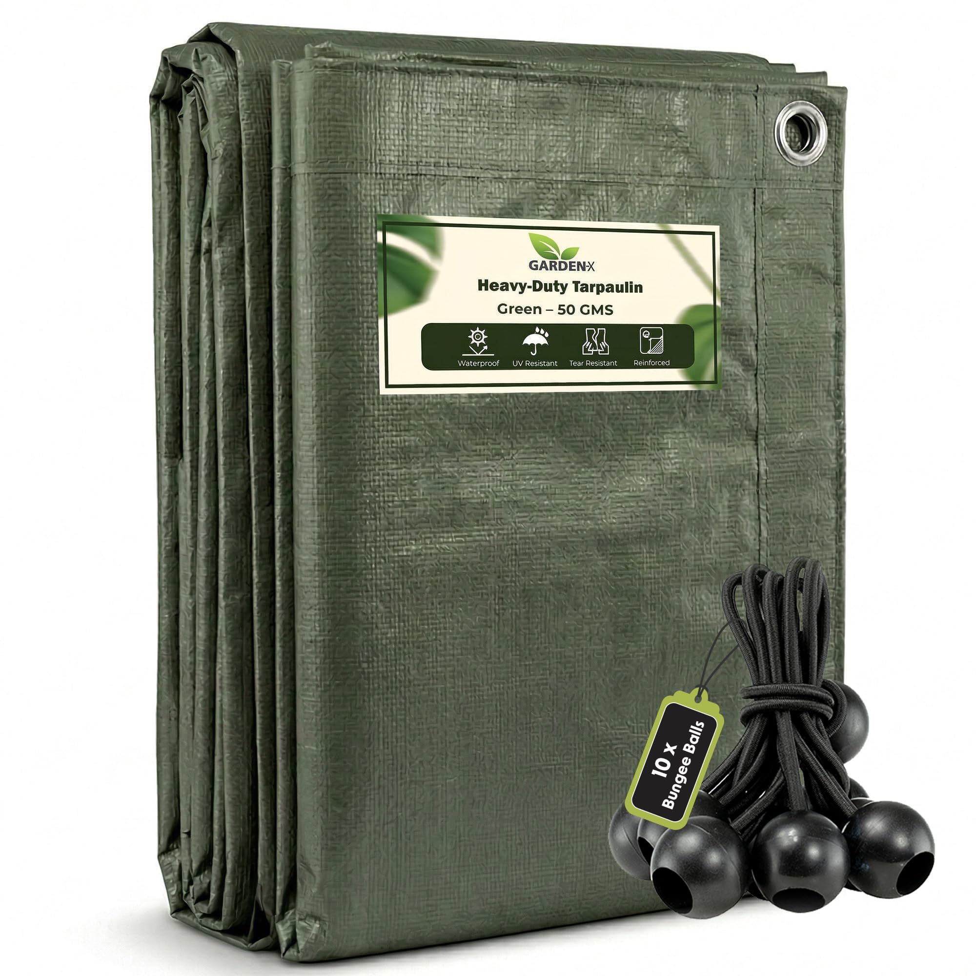 GARDENIX 6m x 8m Green Tarp 50gsm Tarpaulin Waterproof Tarp Sheet Cover, Groundsheet, Multipurpose, Lightweight + 10 x 4" Bungee Balls (Black)
