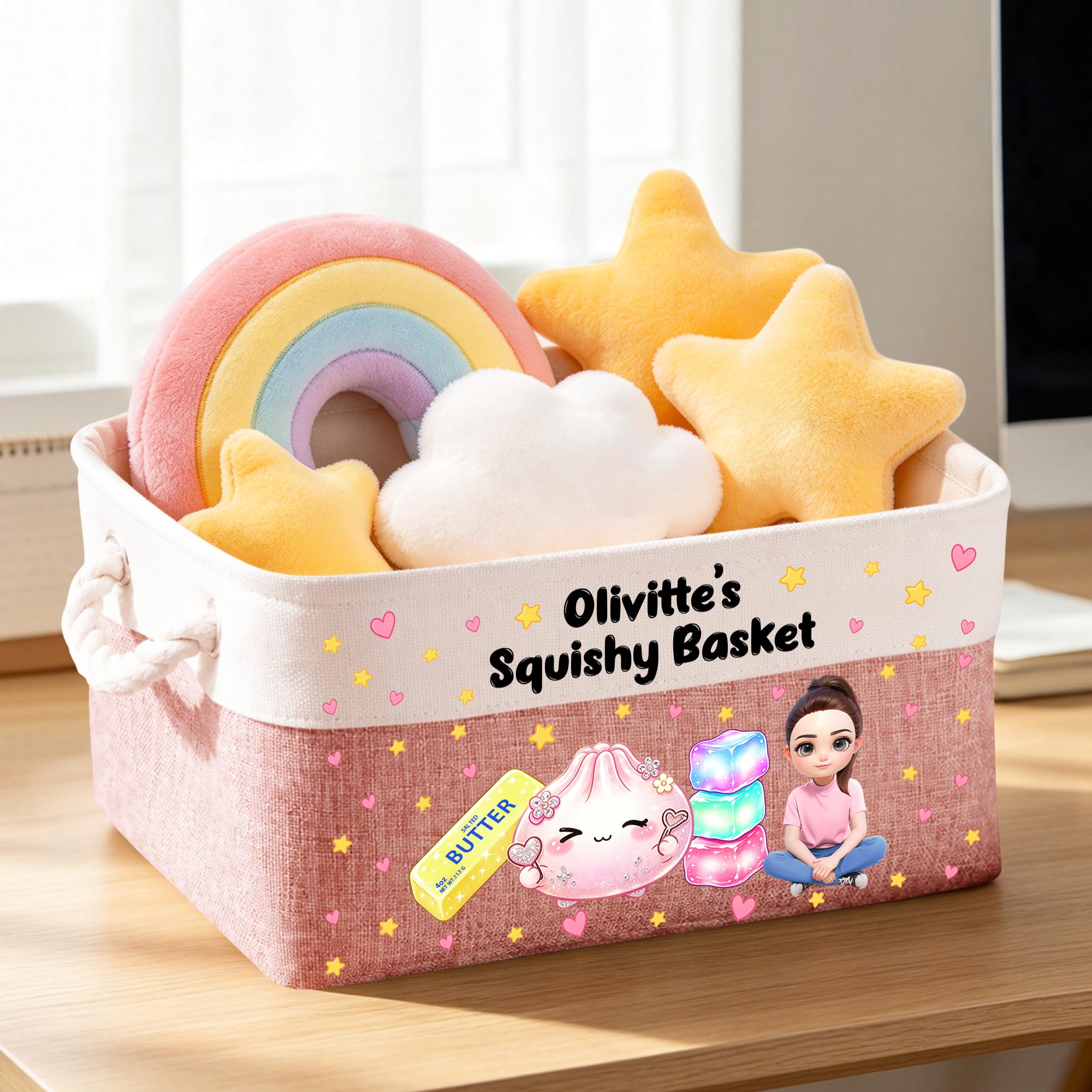 Personalized Dumpling Squishy Storage Basket, Custom Name Dumpling Squishy Basket Storage Organizer with Handles Room Decor Birthday Gifts (style 28)