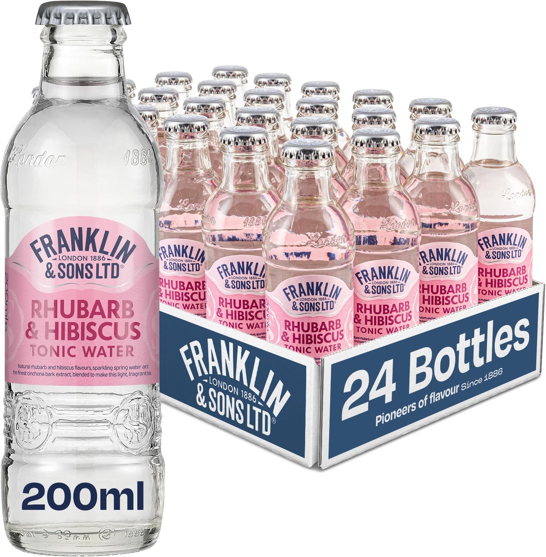 Franklin & Sons Rhubarb & Hibiscus Tonic Water | 24 x 200ml Bottle Case | Sharp & Sweet Rhubarb | Lake District Water | Exotic Hibiscus | Premium Mixer | Flavoured Tonic | Fizzier for longer