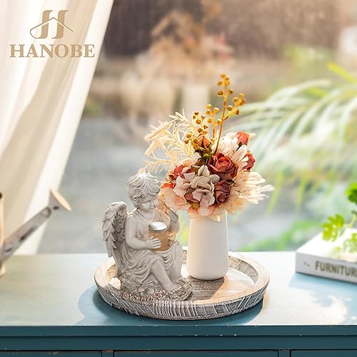 Miniatura 46 de Hanobe Bandeja de madera rústica: bandeja decorativa redonda de madera para mayordomo, centro de mesa, bandejas portavelas, bandeja otomana