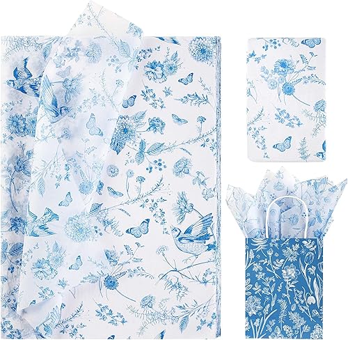 Bolsome 100 hojas de papel de seda floral vintage de 20 x 14 pulgadas para envolver regalos, papel de seda azul con estampado de peonía mariposa y