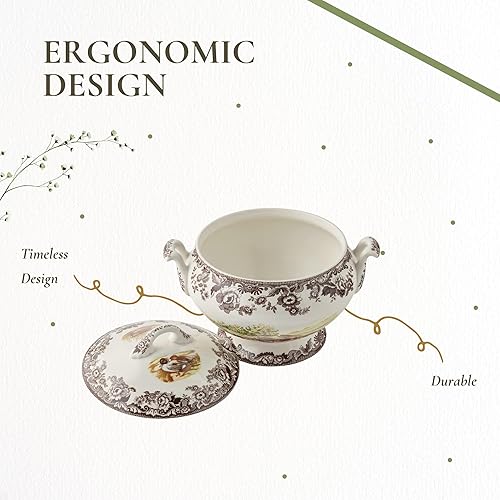 Miniatura 7 de Spode Sopera Woodland con motivos de conejo, codorniz y pintaleta, sopera cubierta de 4.25 cuartos de galón, hecha de loza fina, apta para