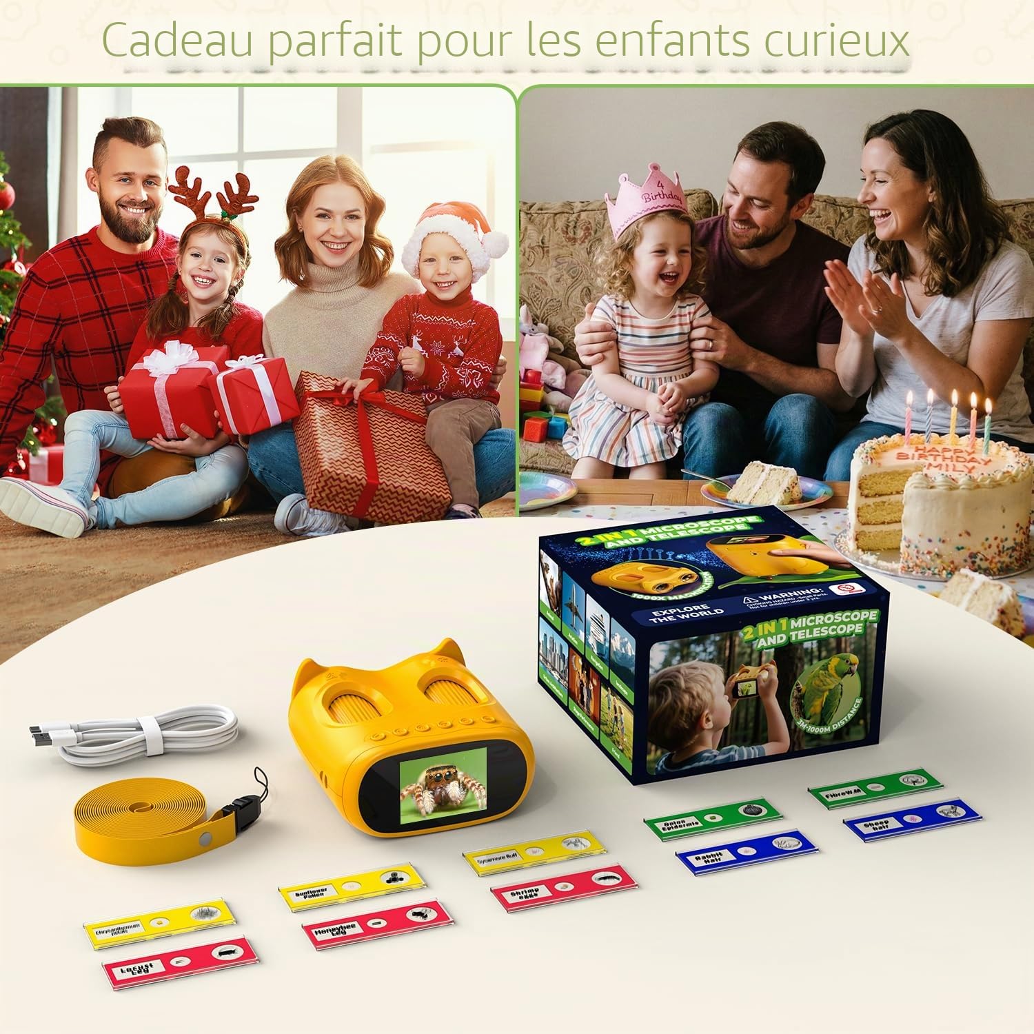Microscope numérique portable BNISE pour enfants 1000X : kit 2 en 1 avec microscope et télescope pour enfants avec écran IPS de 2,0 pouces - Jouets STEM, cadeaux d'anniversaire pour filles, garçons