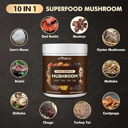 Miniatura 2 de Polvo de hongos 10 en 1, complejo de hongos, melena de león, reishi, shiitake, chaga, cola de pavo, cordyceps, maitake y más, suplemento de hongos