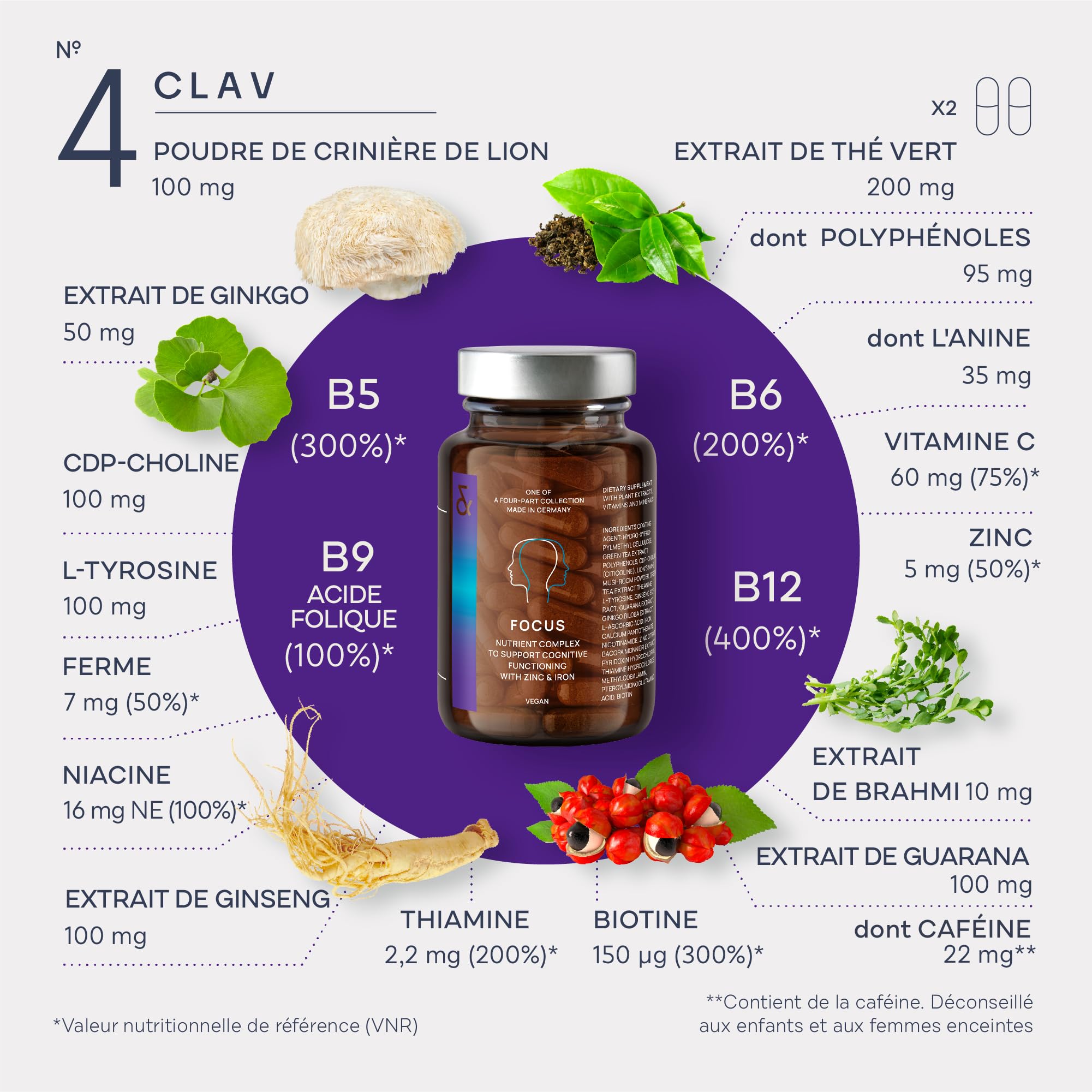 N°4 FOCUS - Supplément Nootropique - Brain Booster améliore la Memoire et Concentration - avec Citicoline + Ginko Biloba + Bacopa Brahmi - 60 Gélules Végan - CLAV Nootropics