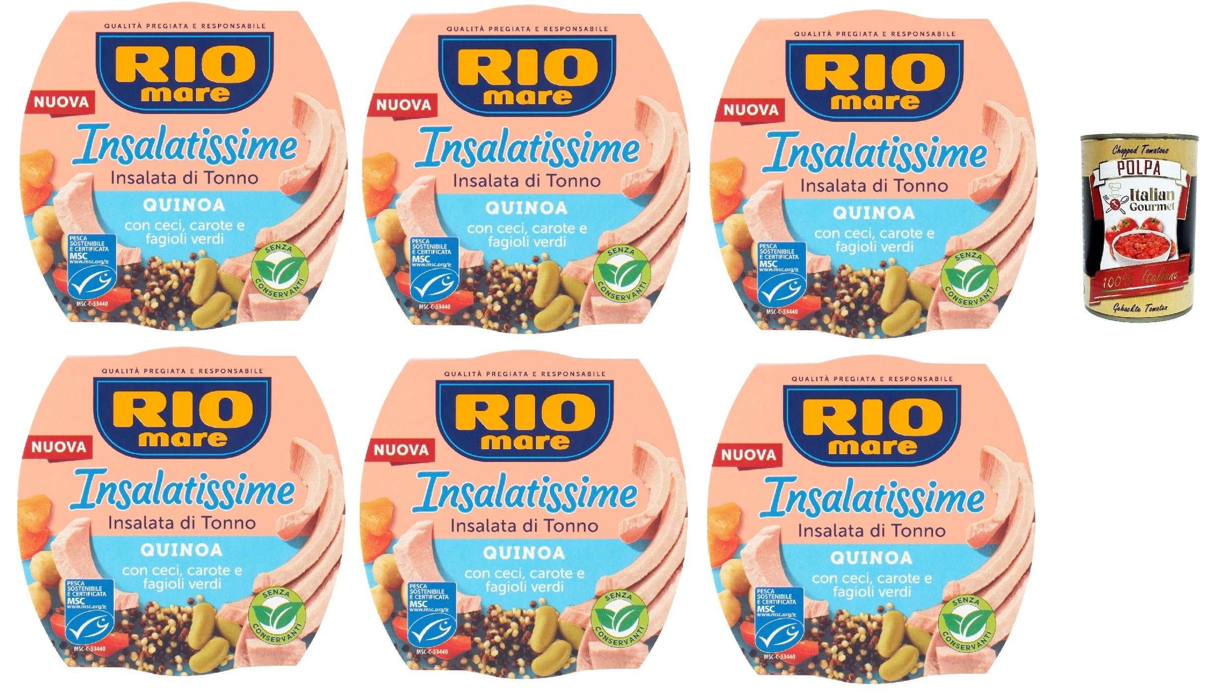 Rio Mare Insalatissime di tonno Gusto Quinoa, Tuna Salad, Thunfischsalat mit Quinoa, Kichererbsen, Karotten und grünen Bohnen 6x 220 g + Italian Gourmet polpa 400g