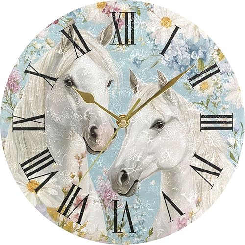 flowers Horses Beautiful 10 Inch Round wall clock retro Silent Indoor for Bathroom Dining Room reloj de pared para cuarto