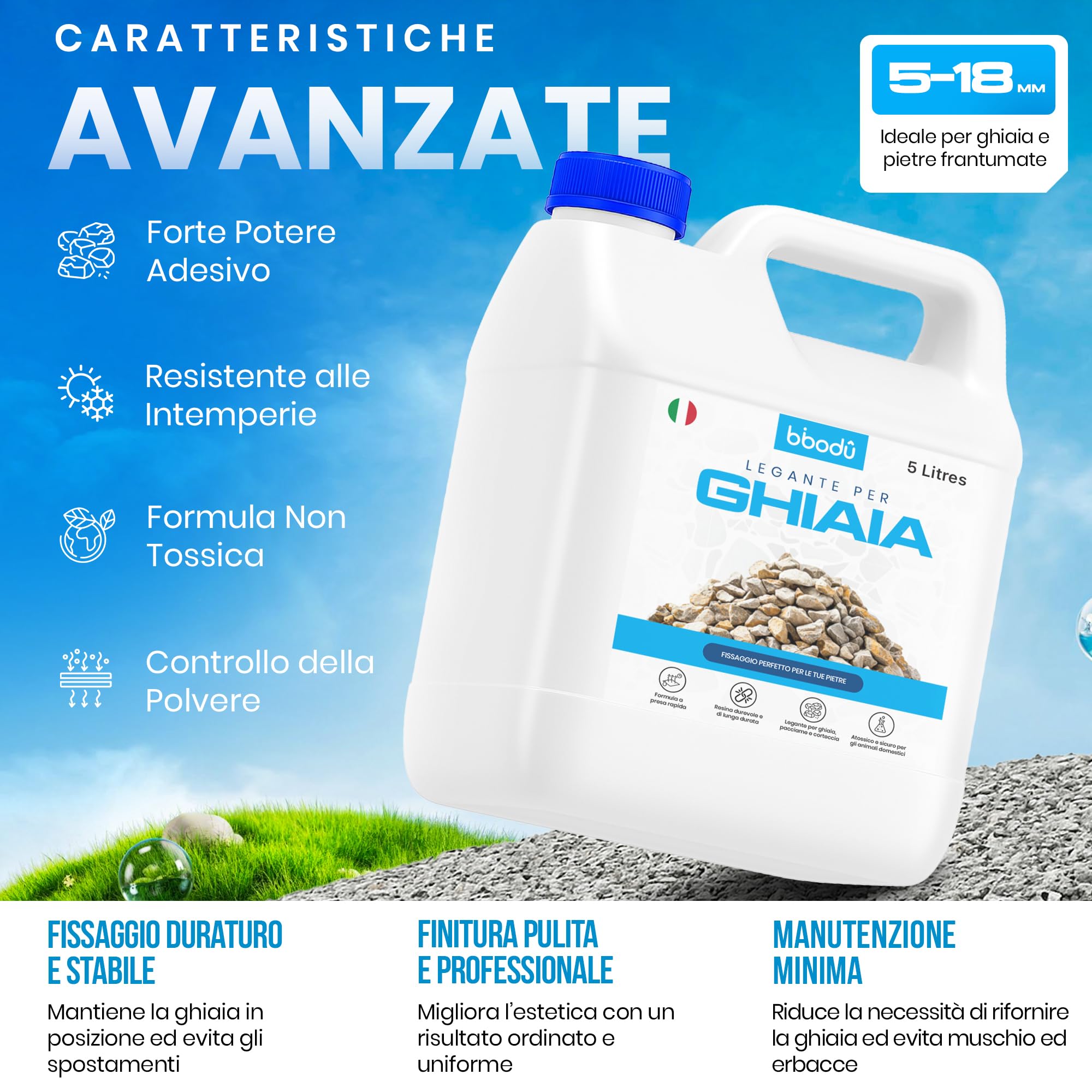 Legante per Ghiaia da Esterno 5 L | Colla per Sassi da Esterno | Colla per Ghiaia da Esterno Resistente | Perfetta per Ghiaia, Pietre e Pacciame | Ideale per Sentieri, Cortili e Giar