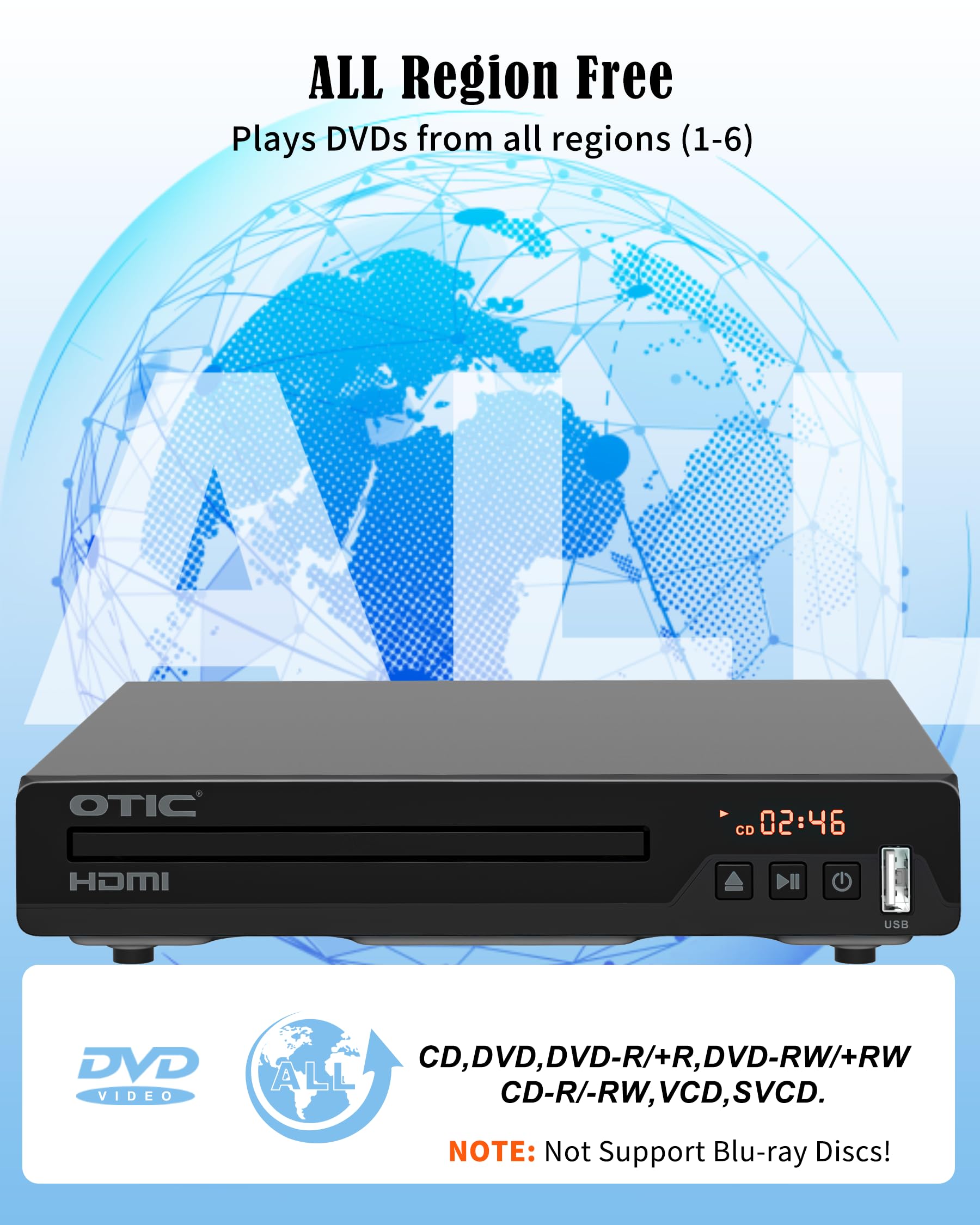 Uniwersalny odtwarzacz DVD HDMI do telewizora, wiele formatów i metalowa obudowa, kompaktowy odtwarzacz CD z portem USB/Dolby Digital Sound do Smart TV, osób starszych, domowego systemu stereo, w