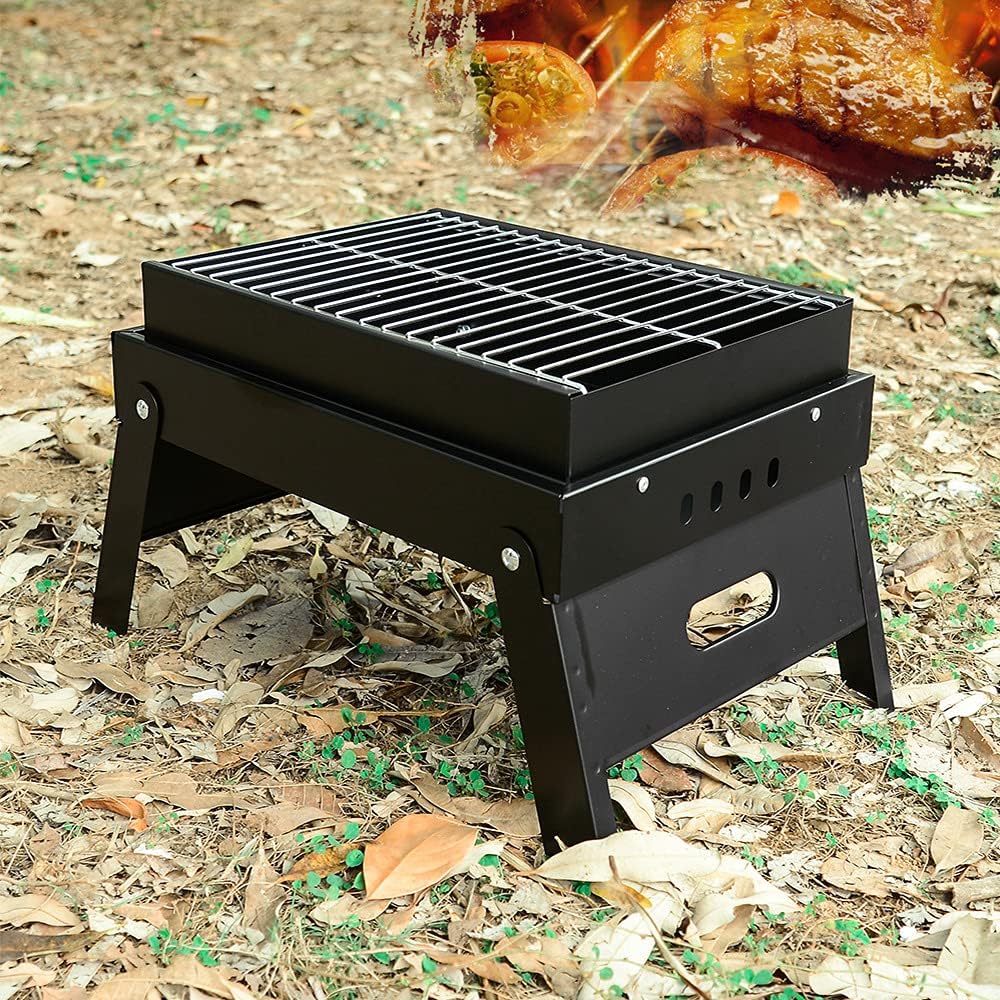 Barbecue Grill, Charcoal Grill, Portable Folding BBQ Grill, Desk Tabletop Outdoor Stainless Steel Smoker BBQ, 38.5 x 29 x 26.2 cm, for Camping Garden Cooking Fun