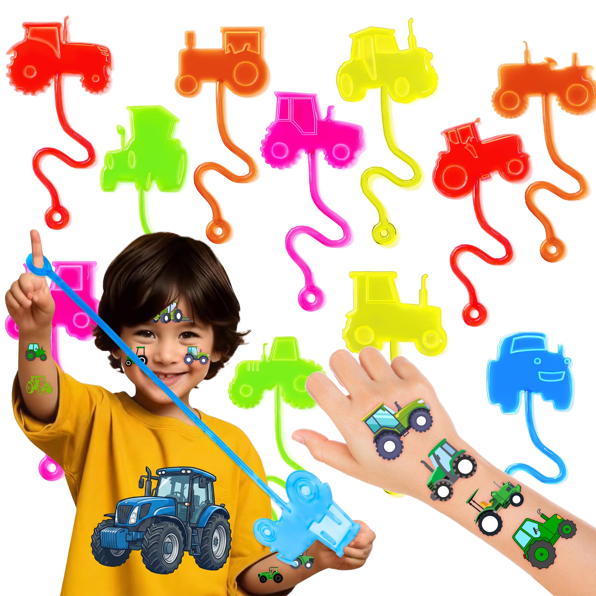 48PCS Tractor Party Favors - 24PCS Temporary Tattoos & 24PCS Stick Hands Party - Perfect Birthday Party Supplies, Goodie Bag Stuffers, Treasure Box