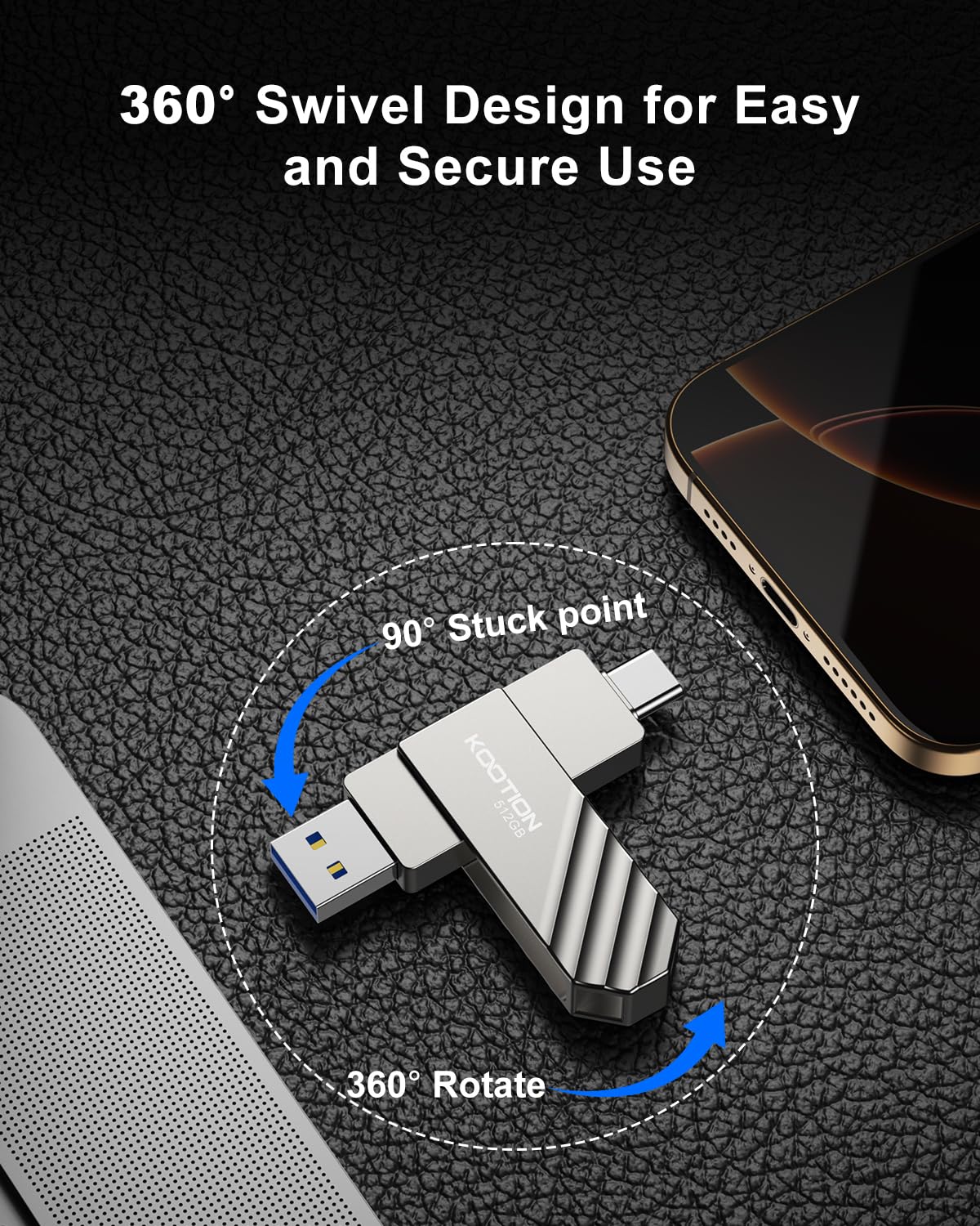 KOOTION Cle USB 512 GO Clé USB C 3.2 Clef USB 512Go OTG Jusqu'à 500MB/s 2-en-1 Double Connecteurs Externe SSD Métal pour Type-C-iPhone/Android-Smartphone/Tablette/Mac/PC, Argent