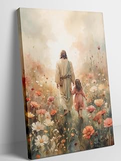 Jesus Walking With Girl Canvas Wall Art Jesus Flower Field Watercolor Paintings Christian Wall Decor Pictures I Will Walk With Christ Posters Prints Religious God for Baby Girl Room Framed