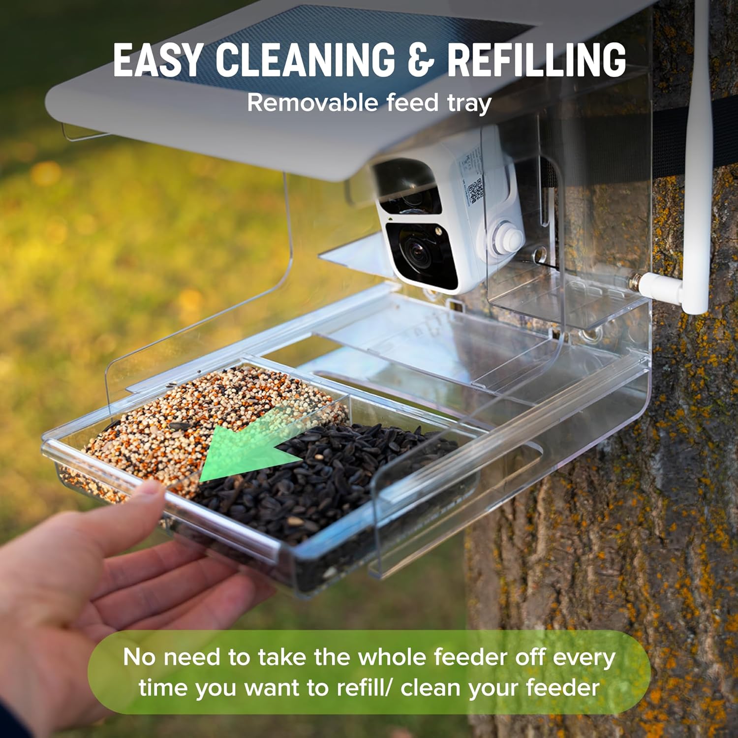 Smart Bird Feeder with Camera – XL Sliding Feed Tray for Effortless Refill – AI Birds ID – 3MEGAPIXEL Images – Video Feeder – Solar-Roof for Bird Lovers