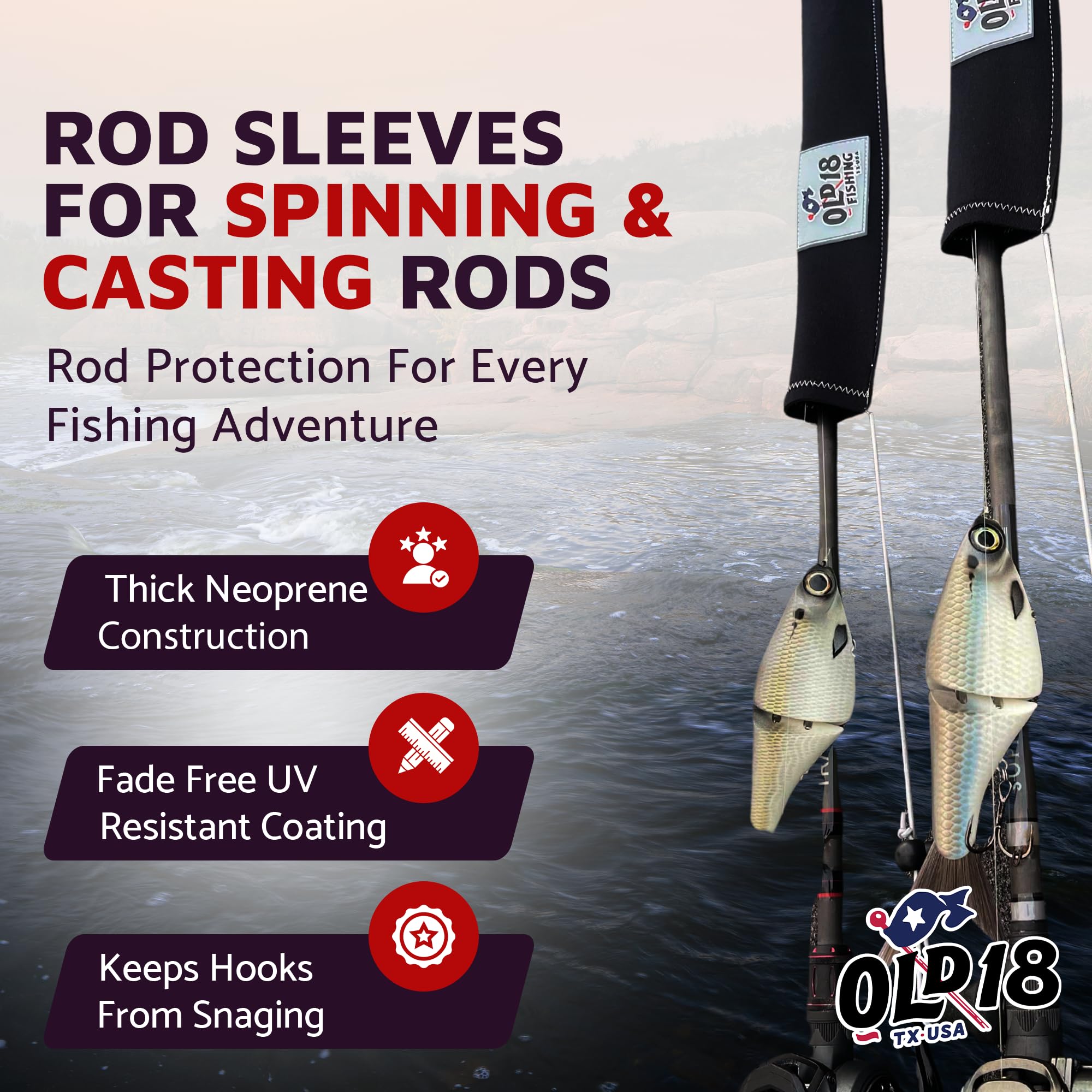 OLD18 Neoprene Fishing Rod Sleeve - Protective Rod Sock for Fishing Poles 6'-8' - Hook-Resistant Fishing Rod Case for Storage & Transport