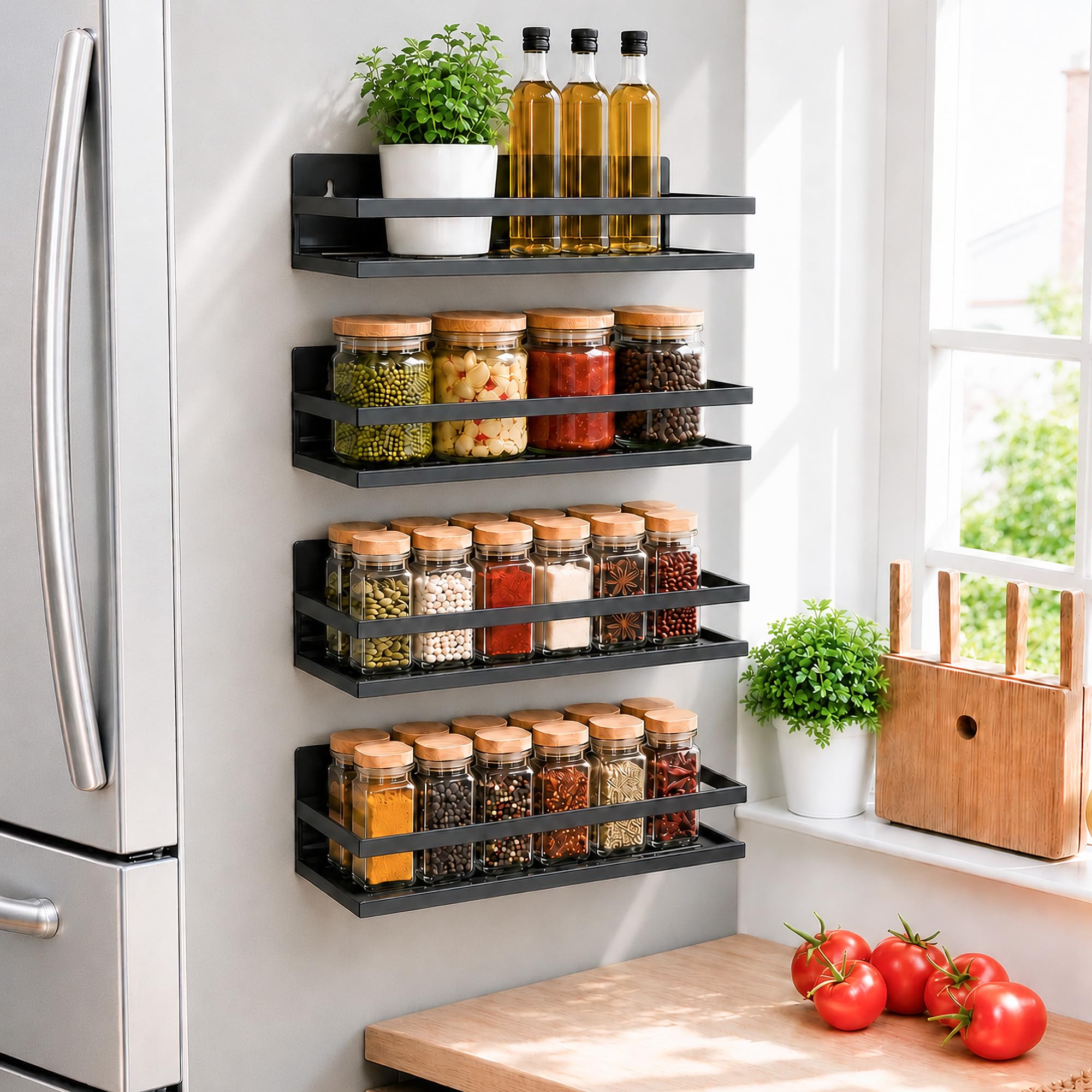 Magnetisches Gewürzregal für Kühlschrank, Gewürz-Organizer für Küche, Aufbewahrung mit Schraube, magnetisches Regal für Ofen, Wohnmobil, Garage, Badezimmer (Schwarz, 4er-Pack)