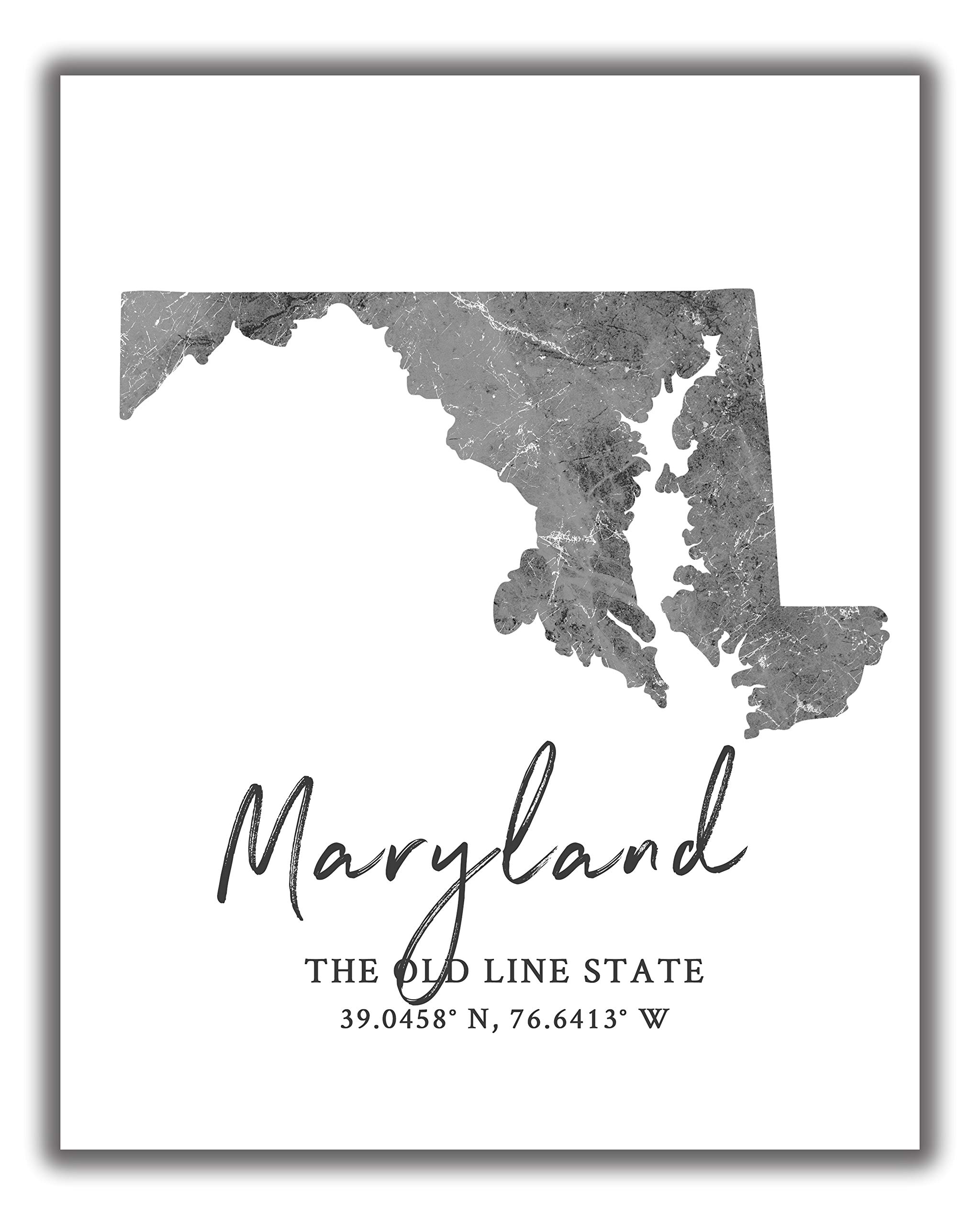 Maryland State Map Wall Art Print - 8x10 Silhouette Decor Print with Coordinates. Makes a Great Maryland-Themed Gift. Shades of Grey, Black & White.