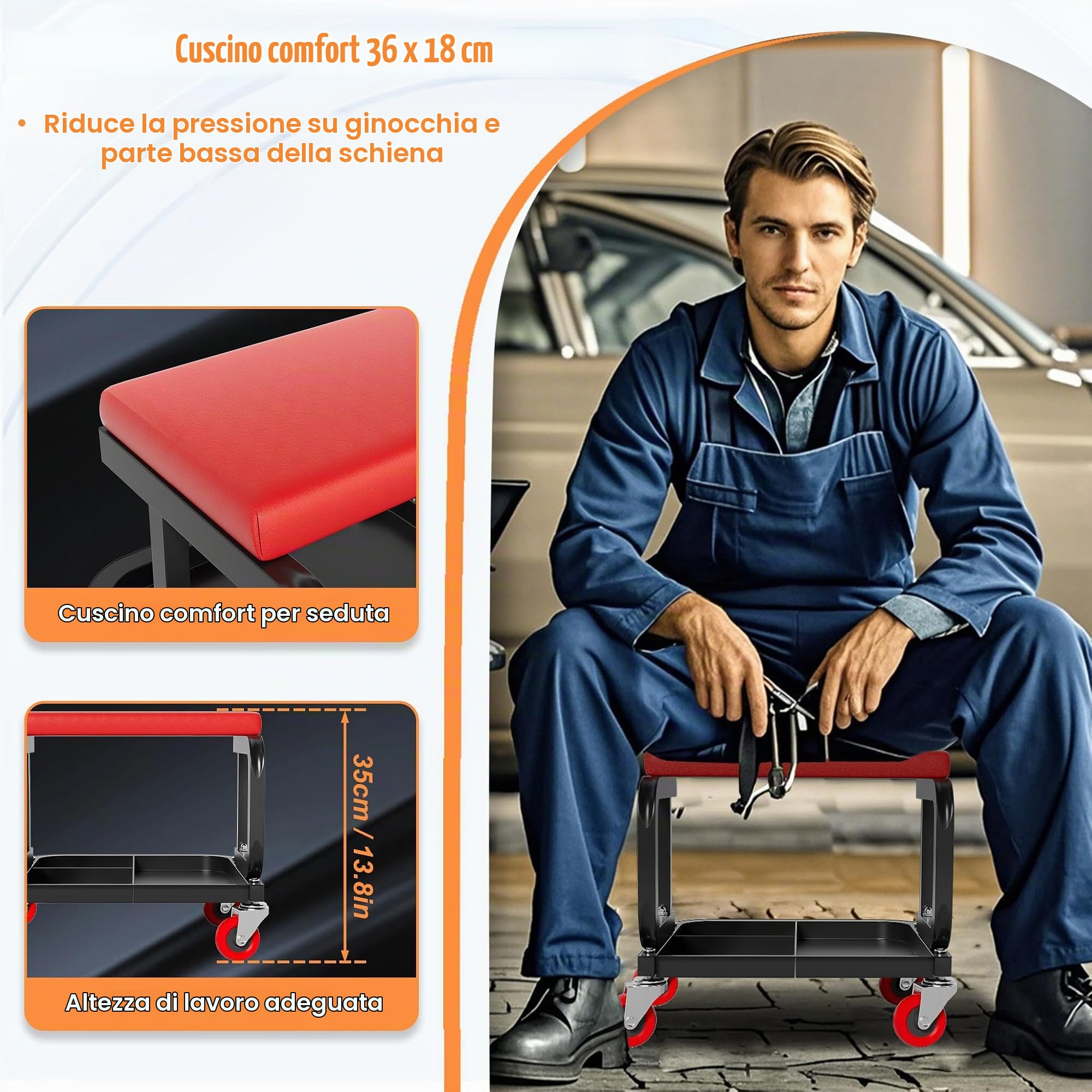 UISEBRT Sgabello da officina mobile con ripiano e ruote, per garage, da lavoro, portata 150 kg, per officina, cura dei veicoli, manutenzione della macchina e fai da te (rettangolare)