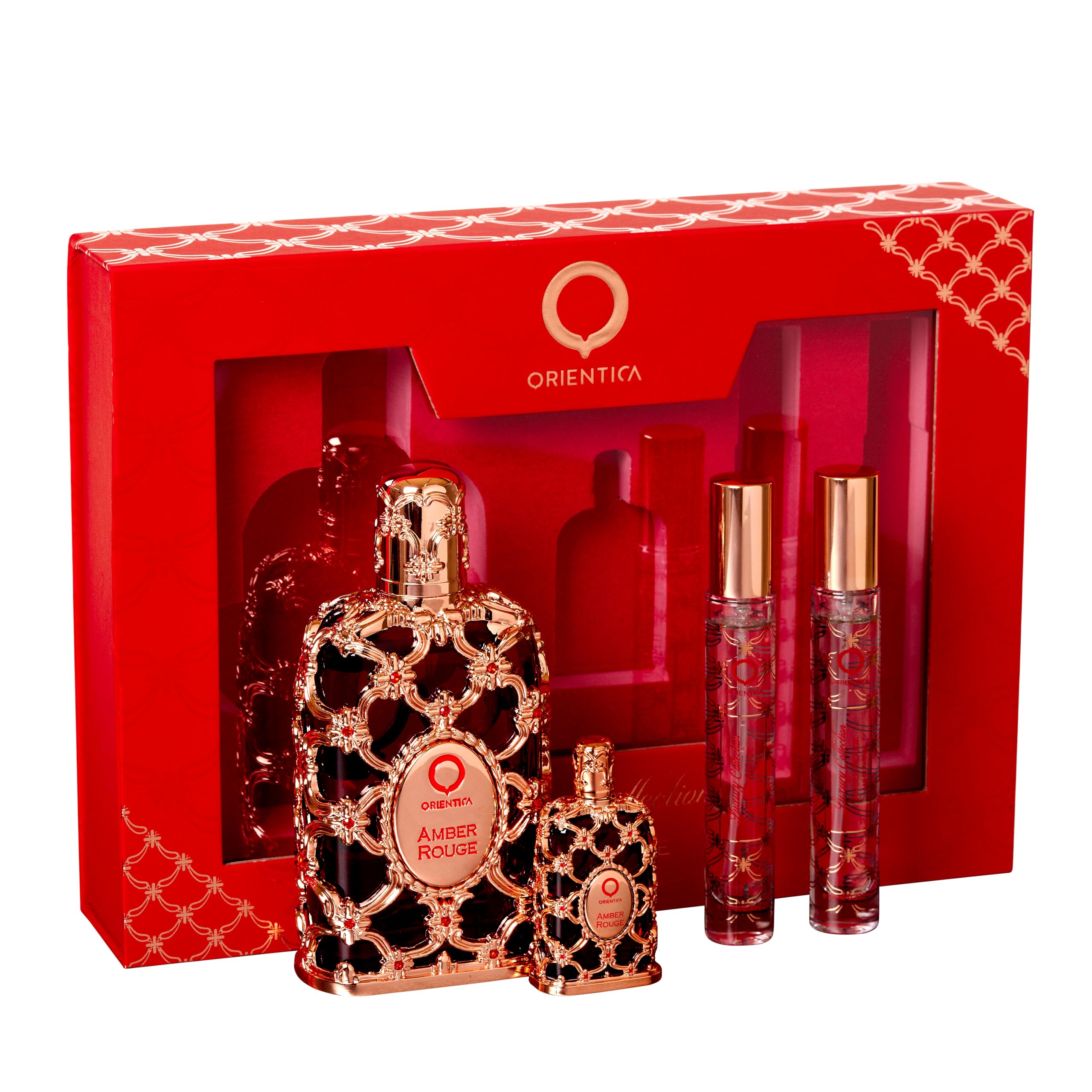 Orientica Amber Rouge für Frauen – 4 Stück Geschenk-Set EDP 2,7 oz Spray, 3 x 10 ml EDP Spray