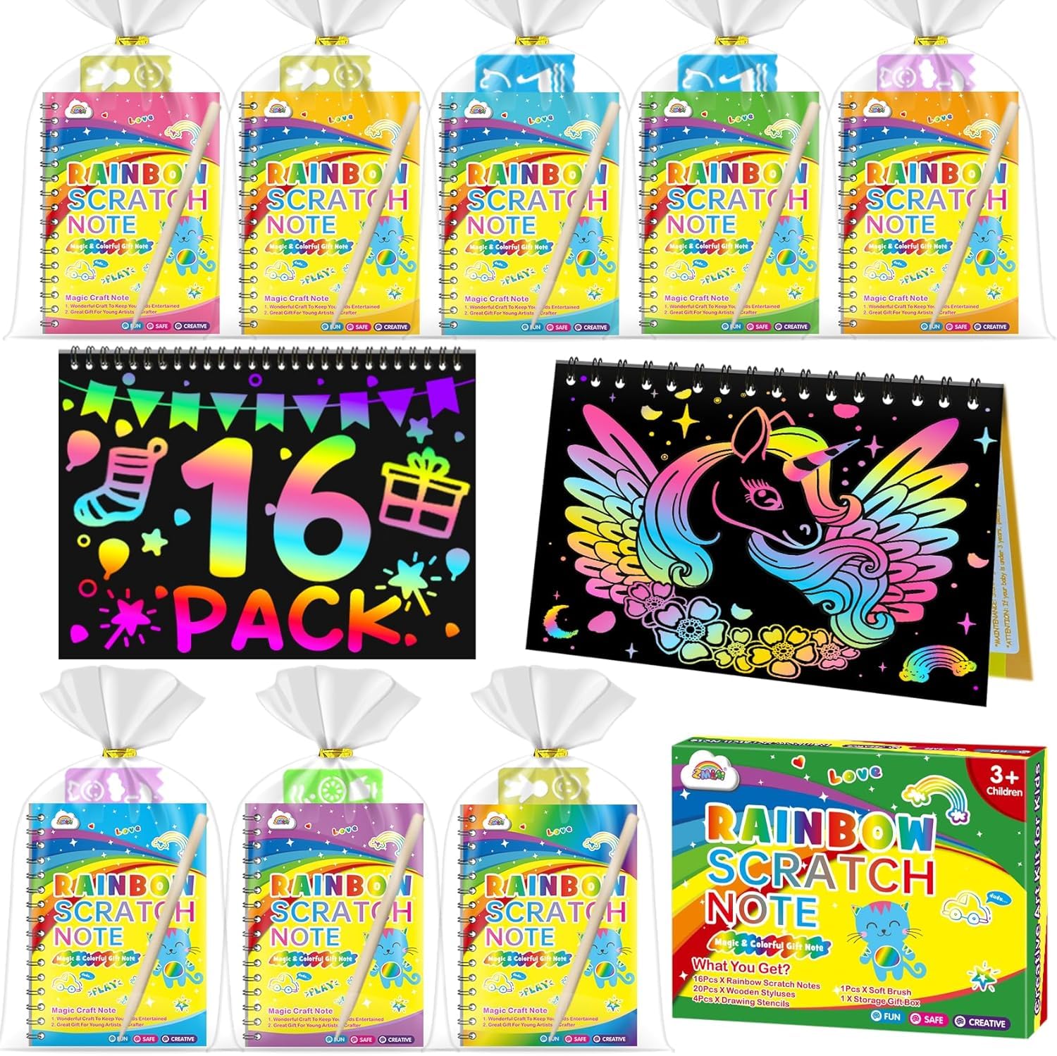 ZMLM Scratch Art Bambini Kit Disegno con 16 Stencil 16 Penna in Legno - Gadget Compleanno Bambini - Regalini Fine Festa Compleanno per Bambina Bambino Alunni 3-12 Anni Anno