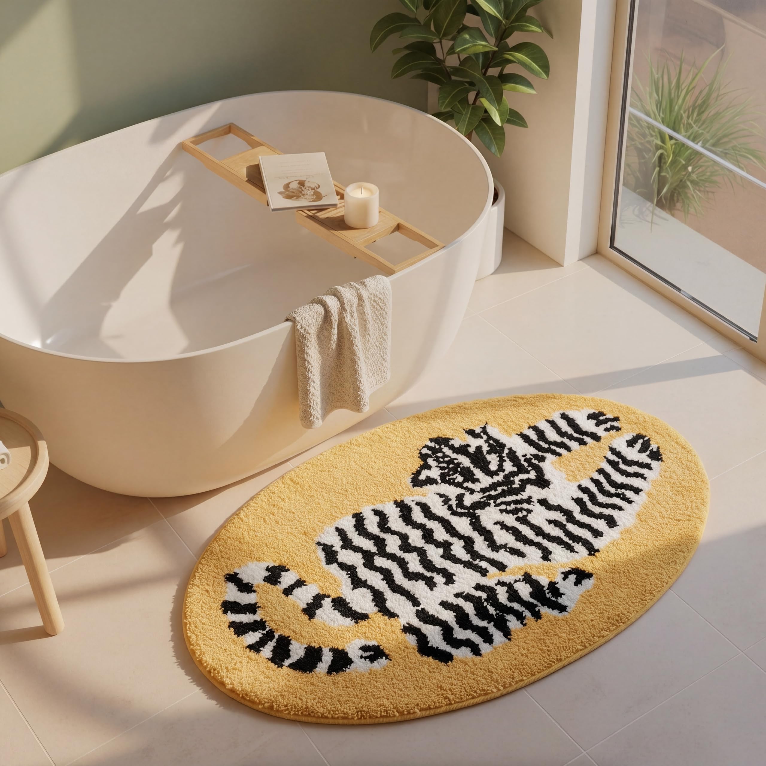 Photo 1 of Tinideya 31 x 20 Inch Oval Tiger Bath Rug Yellow Tiger Floor Mat Soft Plush Absorbent Non Slip Bathroom Door Mat for Bathroom Shower Bedroom Living Room Animal Print Home Decoration