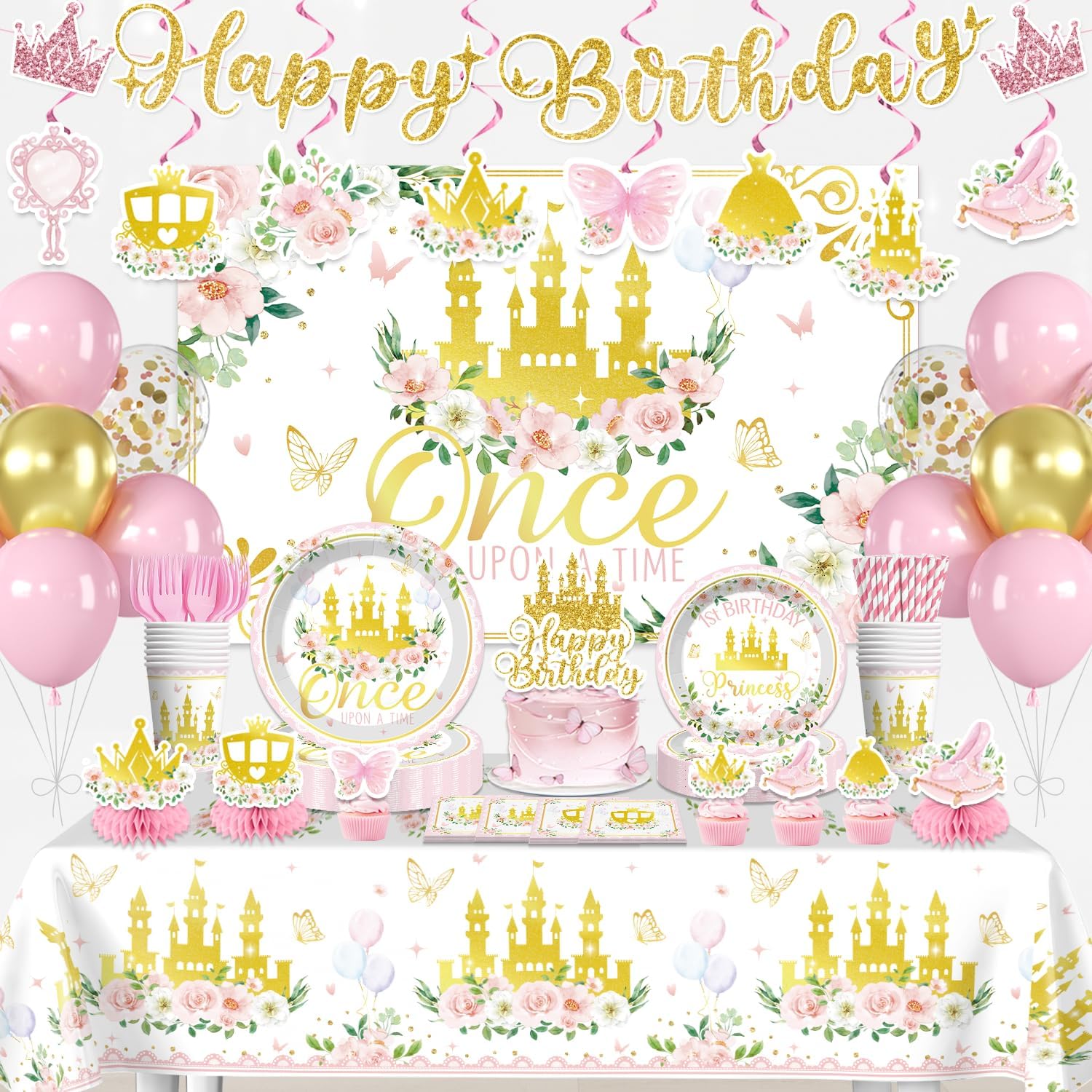 Xynic Once Upon a Time Birthday Decorations for Girls, 206PCS Pink Gold Princess 1st Birthday Party Supplies Set, All-in-One First Birthday Decor Includes Banner Plates Balloons Tablecloth, Serves 25