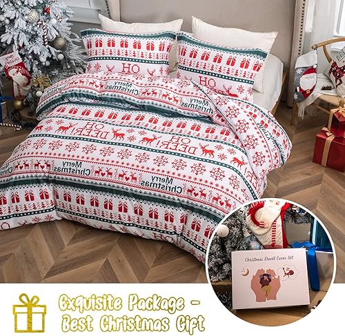 Miniatura 7 de MILDLY - Juego de funda de edredón de Navidad, 3 piezas, diseño de copo de nieve, ciervo rojo, árbol, con cierre de cremallera y lazos en las
