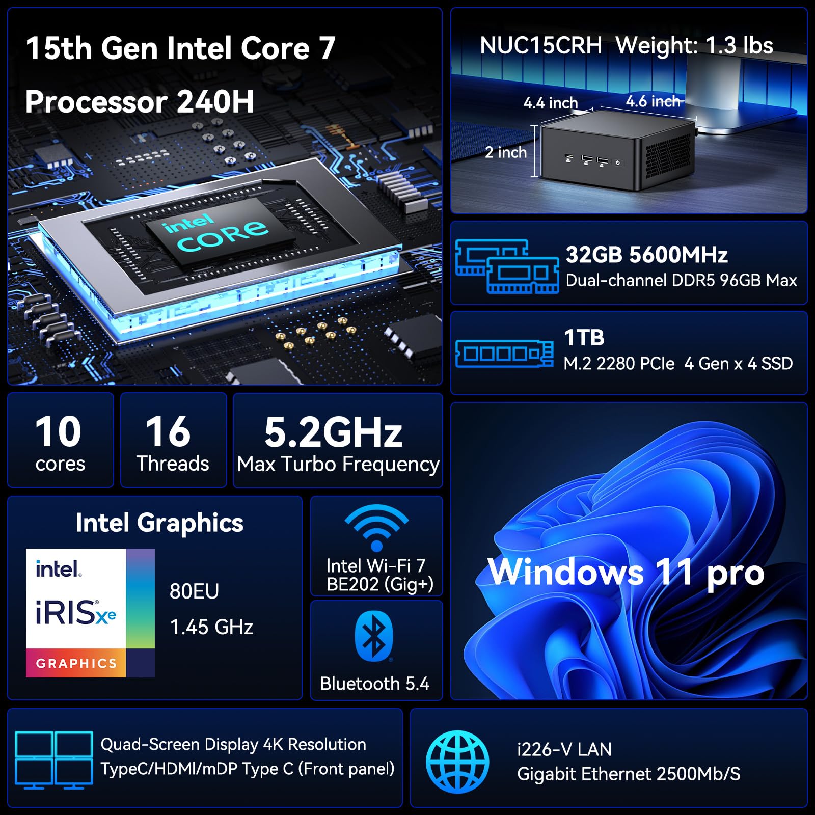 Intel NUC 15 PRO, per ASUS NUC 15 PRO Mini PC – con Core 7 240H, 32GB RAM & 1TB SSD, Win 11 Pro, Intel Wi-Fi 7 (Gig+) e BT 5.4 | PC per business per istruzione, ufficio, digital signage, POS & PMI