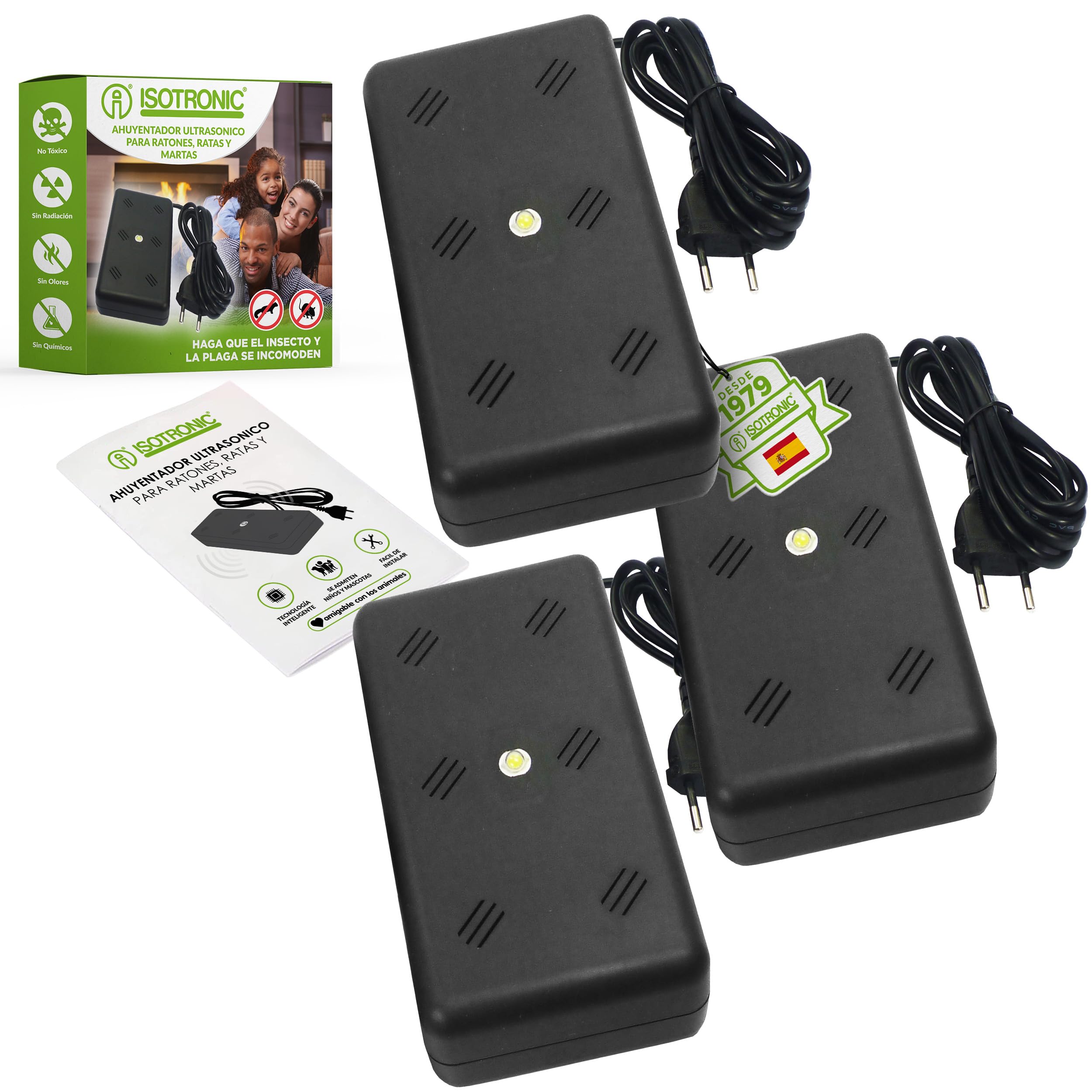 ISOTRONIC Repelente de Martas con Luz LED y Ultrasonidos — Disuasivo para Áticos, Garajes y Casas — Protección contra Ratones y Ratas — Alcance Efectivo 50 m² — Pack de 3 Unidades