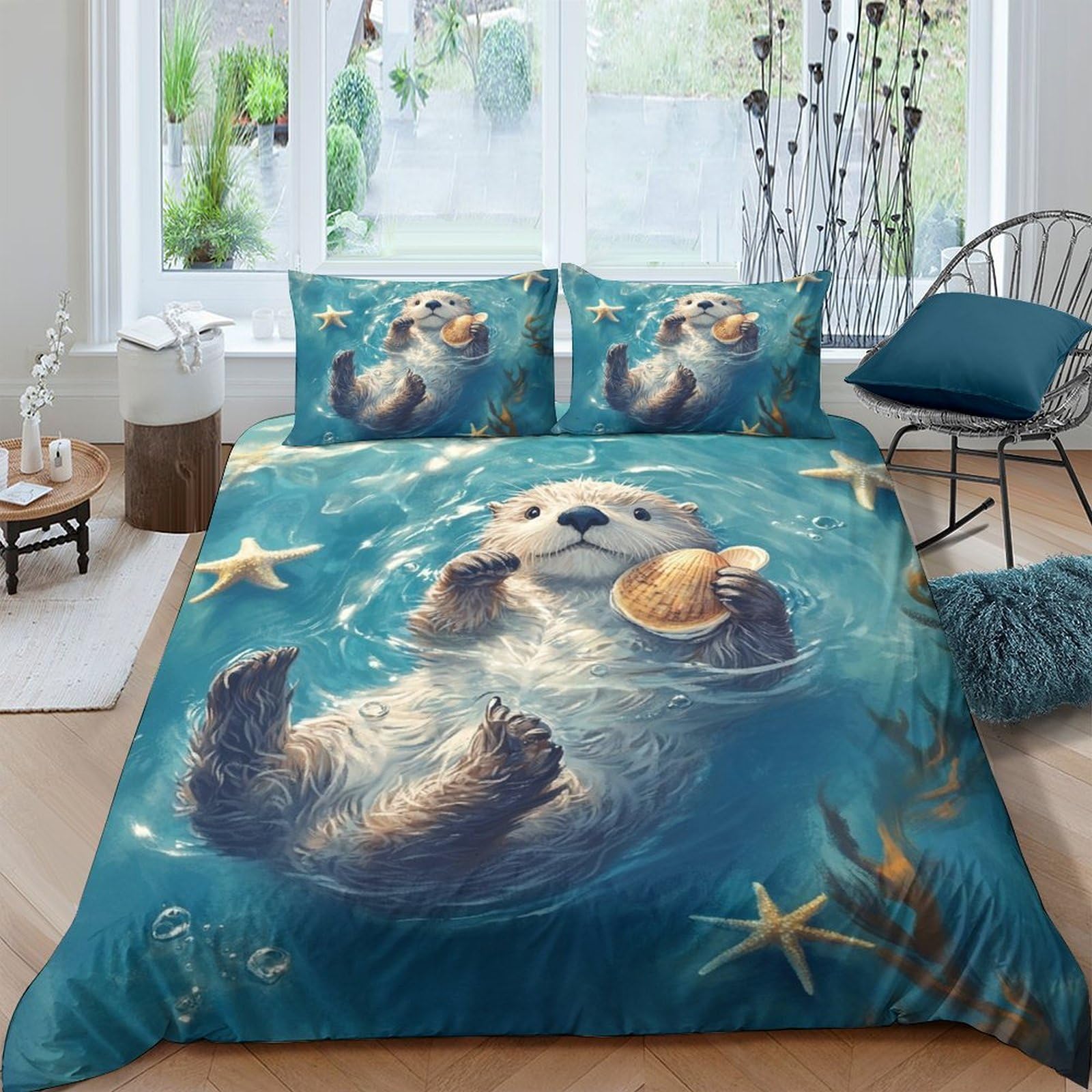 TUFRTGYHN 3D Printed Otter Ocean Duvet Cover Microfiber Soft Breathable Sea Life Bedding Set with 2 Pillowcases for Bedroom Decor Single（135x200cm）