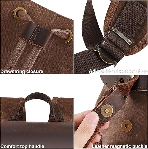 Miniatura 7 de Mochila de lona encerada vintage casual de cuero genuino para computadora portátil, mochila de hombro para viajessenderismoescuela