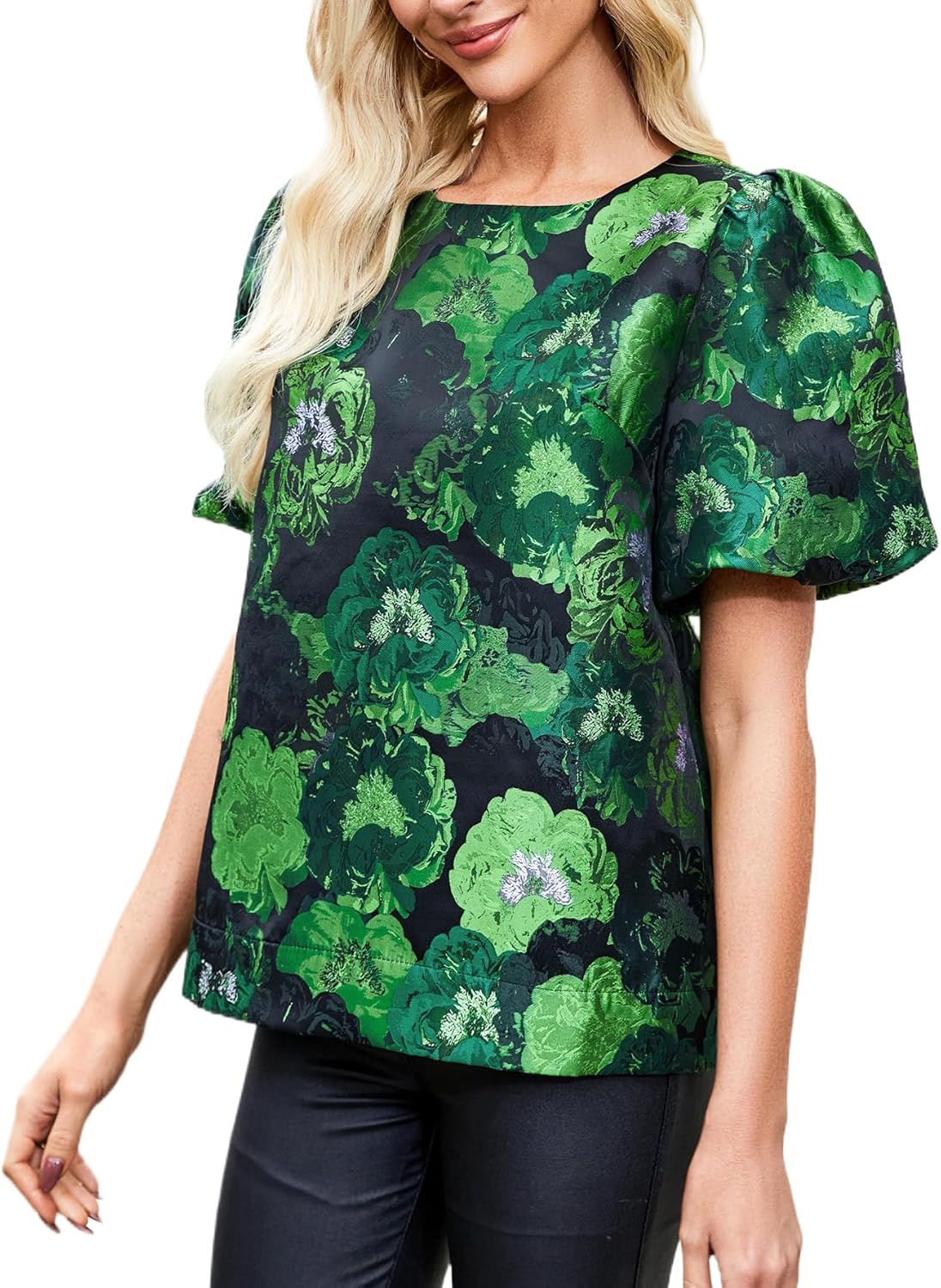 Kedera Women's Floral Jacquard Shirt Crewneck Puff Sleeve Blouse Elegant Work Shift Tops