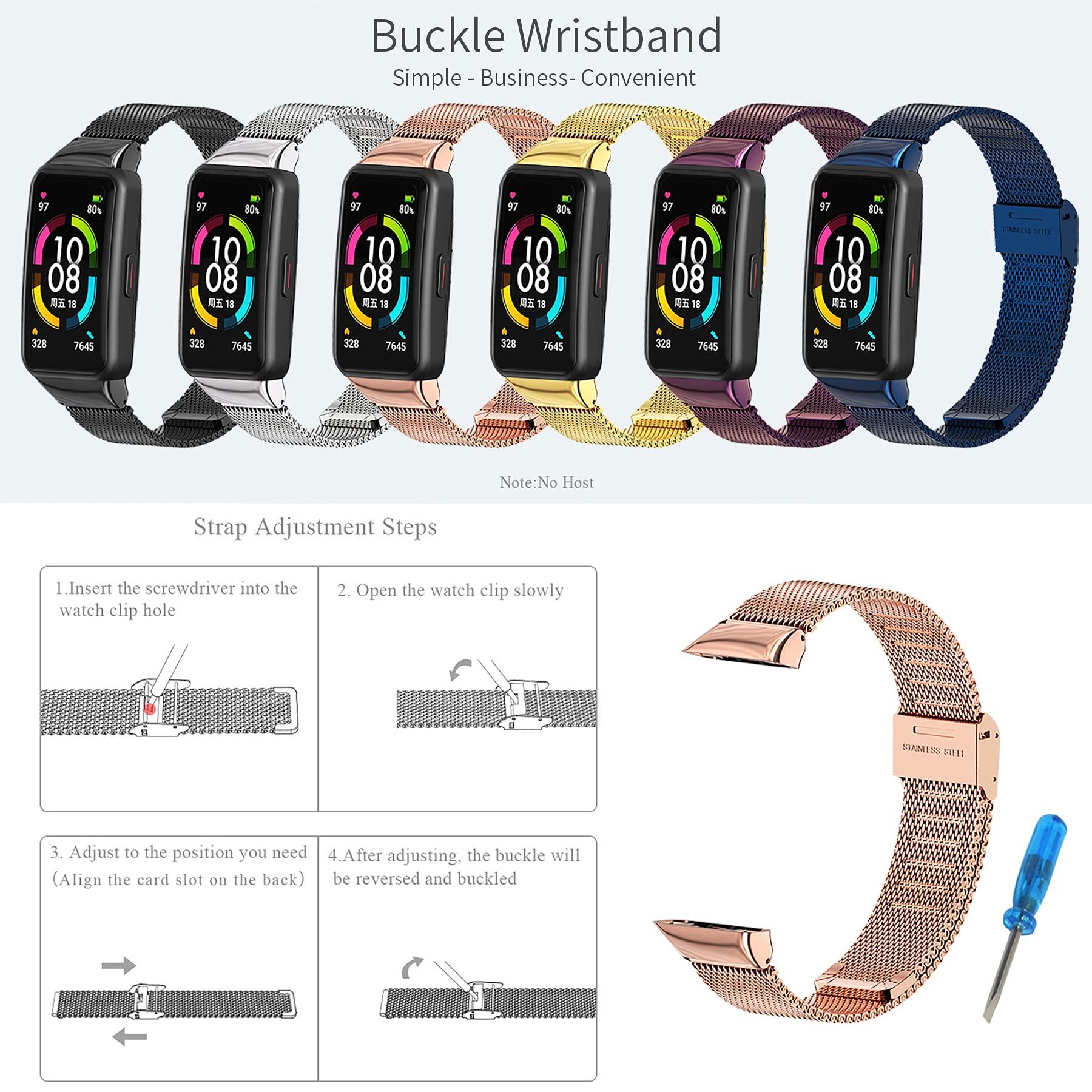 SenMore Cinturino In Acciaio Inossidabile Per Huawei Band 6 / Honor Band 6 – Bracciale Metallo Con Strumento Di Regolazione, Ricambio Elegante