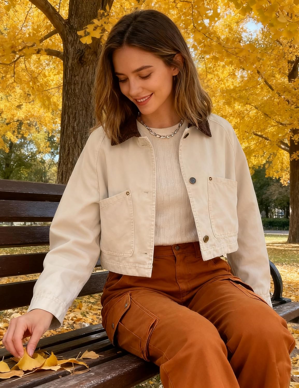 APAFES Women's Cropped Barn Jacket Corduroy Collar Button Down Long Sleeve Short Coat with Pockets - Image 5