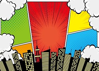 BELECO 10x8ft Fabric Super City Backdrop for Superhero Photoshoot Comic Cartoon Skyline Buildings Skyscraper Cityscape Background for Superhero Party Decorations Birthday Banner Kids Photo Studio Prop